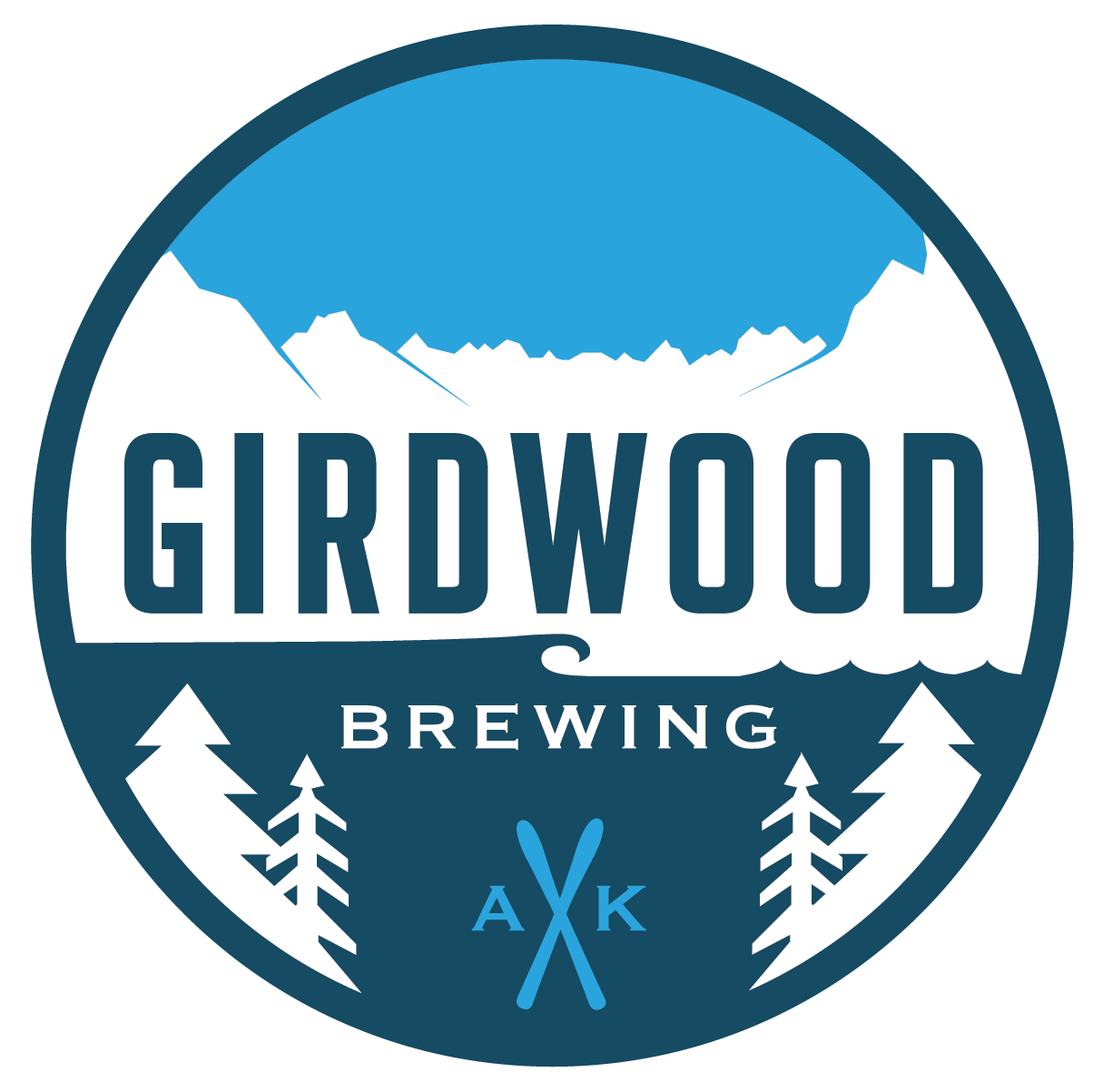 Circular logo for Girdwood Brewing featuring mountain landscape, pine trees, and crossed skis, with the text 'Girdwood Brewing' and 'A K'.