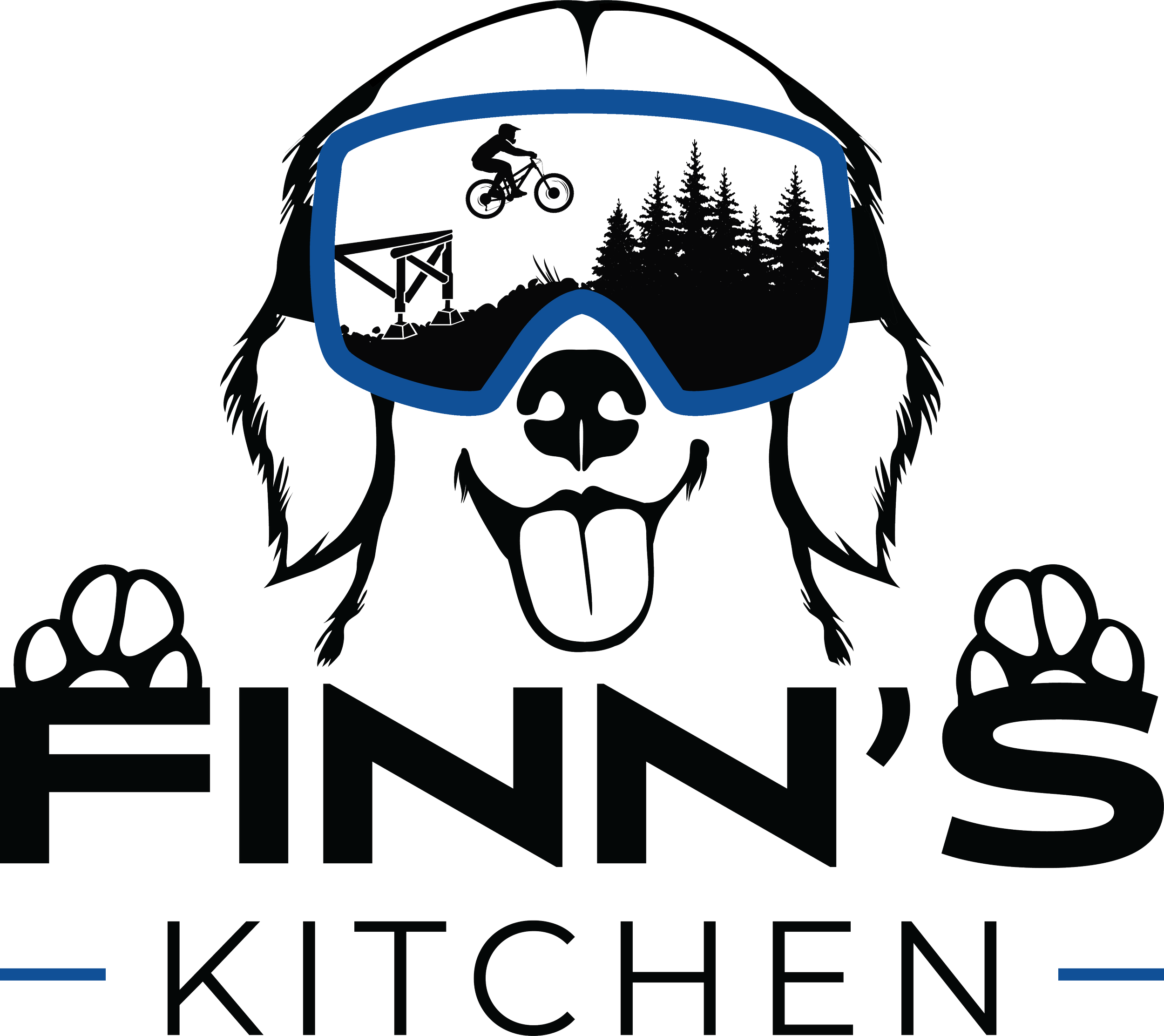 A skull wearing blue sunglasses with a reflection of a person jumping on a bike over a ramp and a forest of pine trees in the reflection.