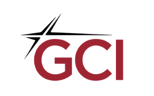 GCI logo with a black background, featuring a stylized star and the letters GCI in red with a blue accent.
