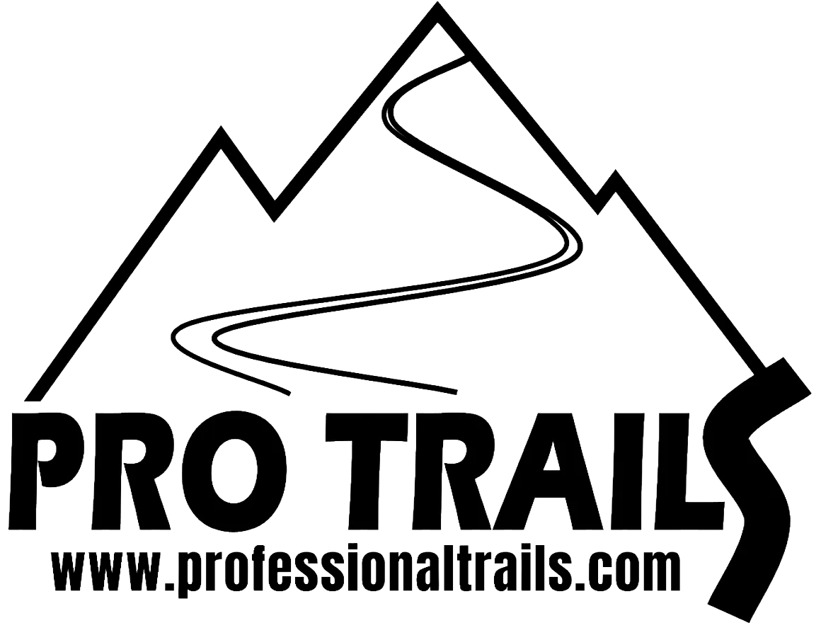 Logo for PRO TRAIL with a mountain and a winding trail illustrated above the text, and the website www.professionaltails.com beneath.