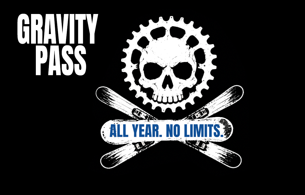 Black background graphic with a skull inside a gear, two crossed hockey sticks with text 'GRAVITY PASS' on the left and 'ALL YEAR. NO LIMITS.' over the sticks.