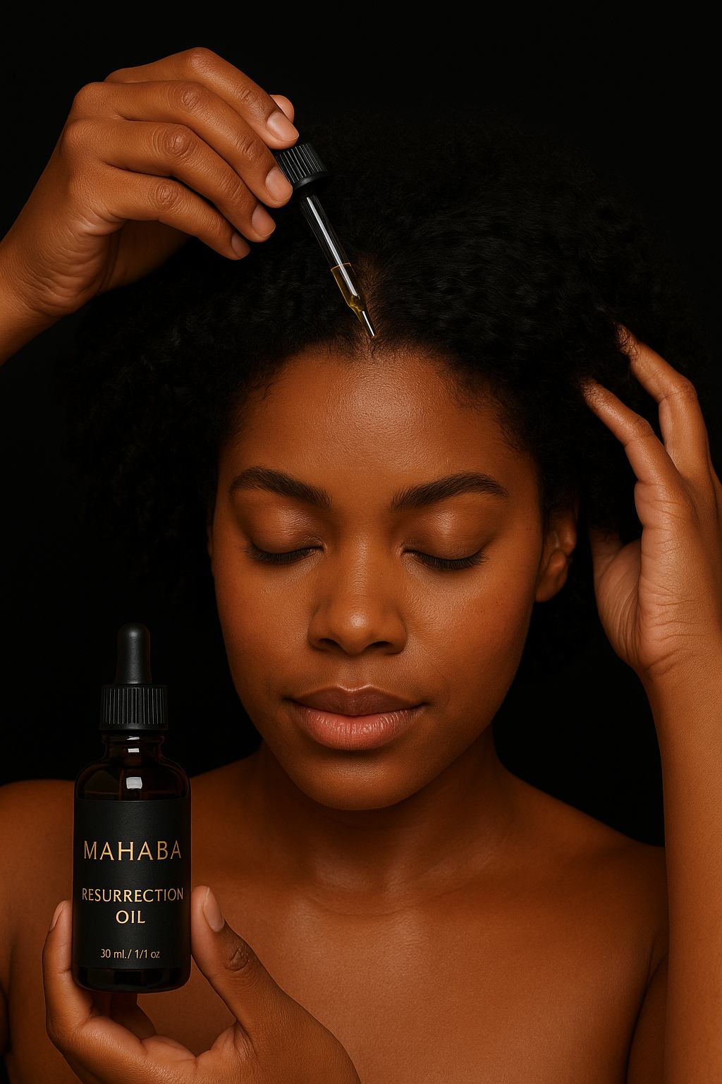 A woman with natural curly hair is holding a bottle labeled 'Mahaba Resurrection Oil' in front of her chest with her left hand. She uses a dropper to apply oil to her scalp, with her eyes closed and her right hand touching her head against a black background.