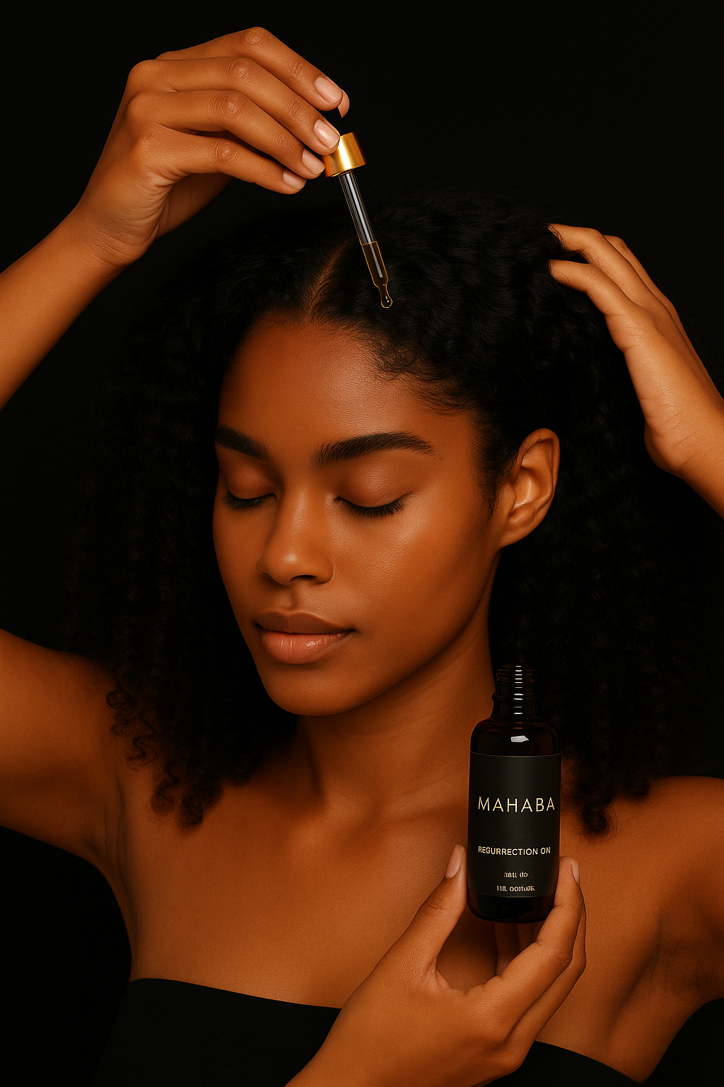 A woman with curly hair and smooth skin using a dropper to apply skincare serum from a black bottle labeled 'MAHABA REGENERATION ON' to her face against a black background.