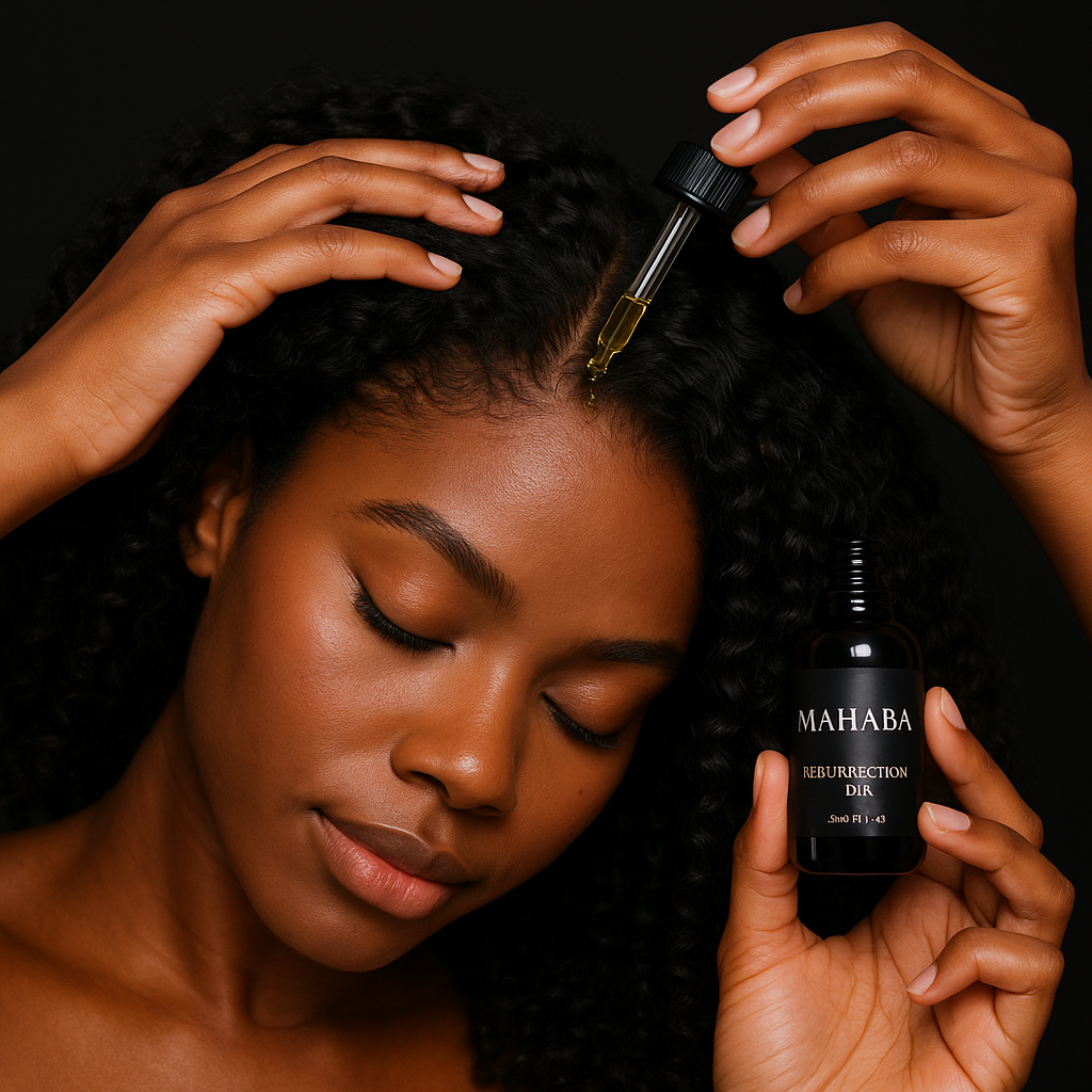 A woman with curly hair applying hair oil from a dropper, holding the bottle labeled 'Mahaba Resurrection Oil' against a dark background.