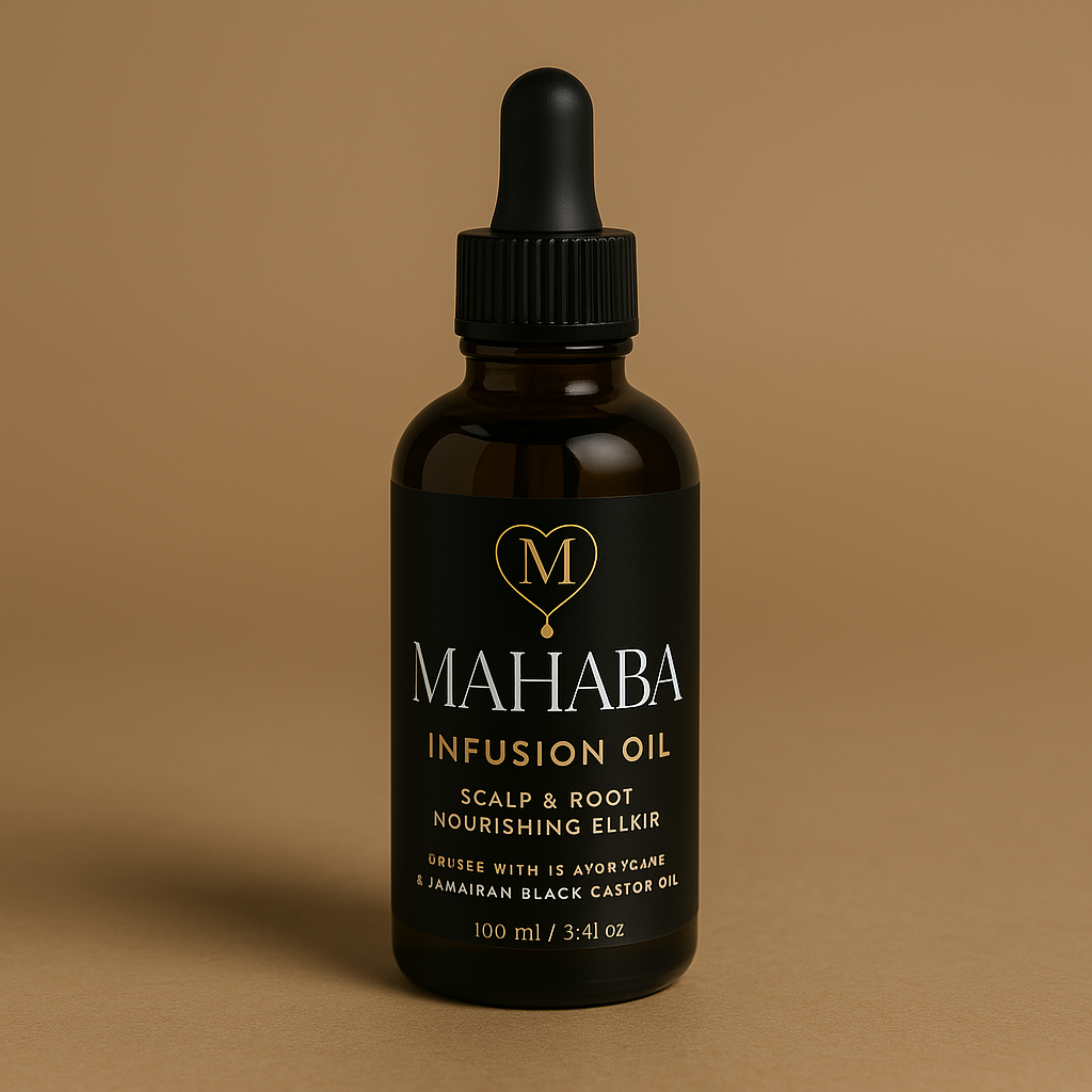 A dark amber bottle of Mahaba Infusion Oil with a dropper cap on a beige background. The label indicates it is for scalp and root nourishing with ingredients including Jamaican black castor oil.