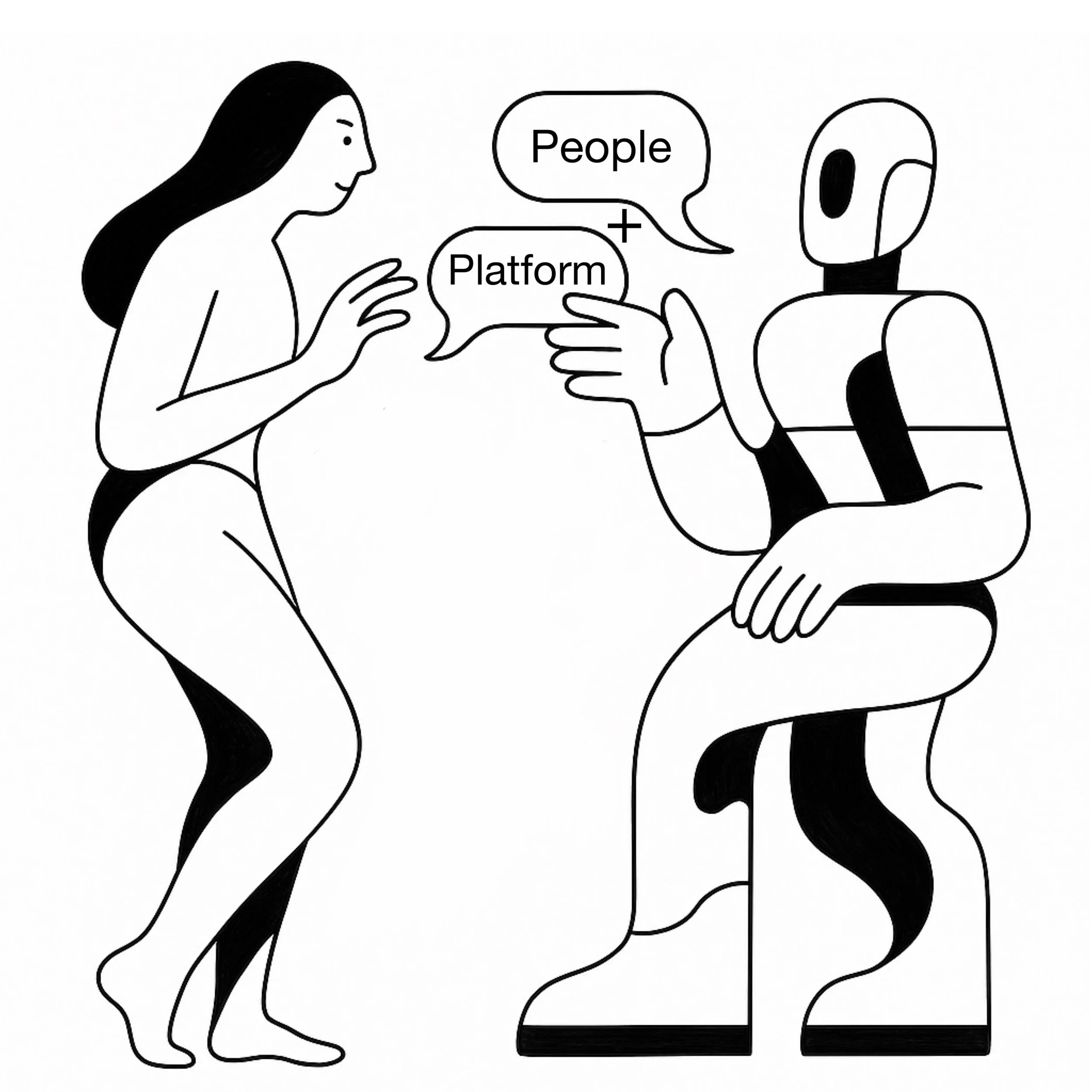 Illustration of a woman talking to a robot, with speech bubbles saying 'People' and 'Platform'.
