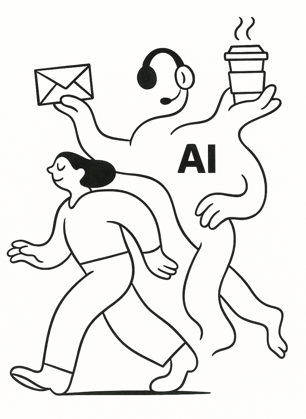 Cartoon illustration of a person and a robot with AI, holding a coffee cup and an envelope, with the person walking ahead and the robot with a headset and a coffee, symbolizing AI-driven communication and assistance.
