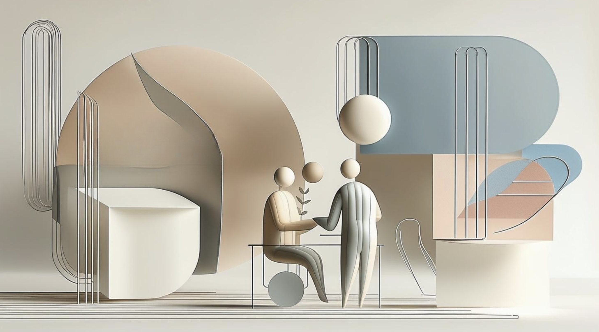 Abstract 3D illustration featuring geometric shapes, two stylized human figures interacting, muted pastel colors, and wireframe elements.
