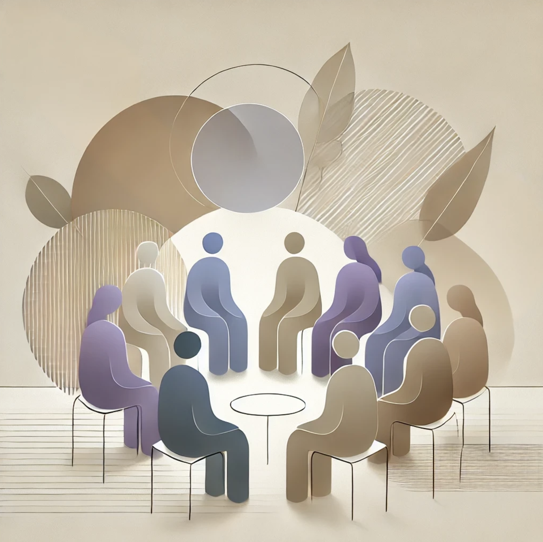 Abstract art featuring a group of stylized, colorful human figures seated in a circle, suggestive of a meeting or discussion, with geometric shapes and leaf motifs in the background.