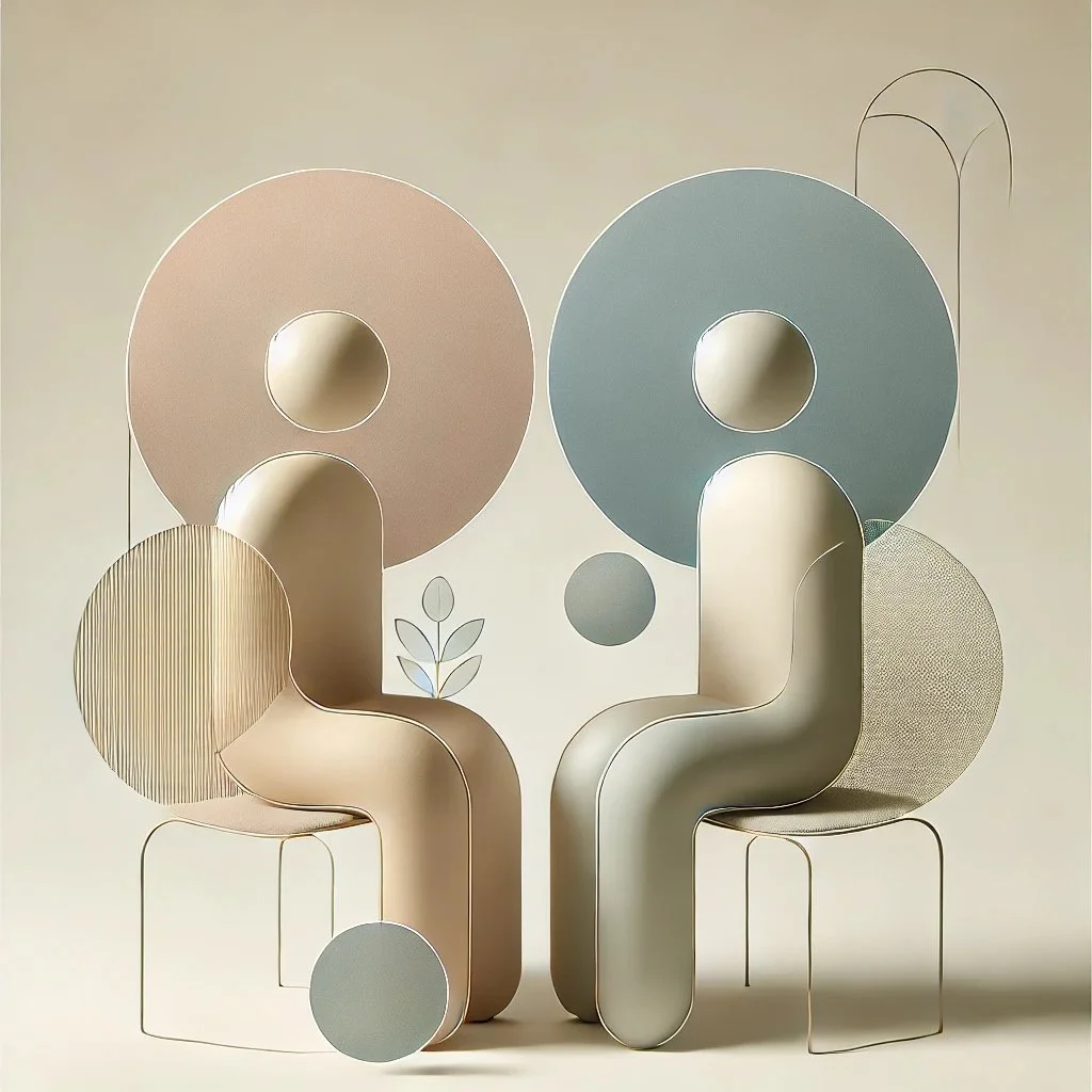 Two abstract human figures composed of geometric shapes, resembling a conversation. One figure has a beige color scheme and the other has a gray color scheme. Elements include circles, lines, and leaves, set on a neutral background.
