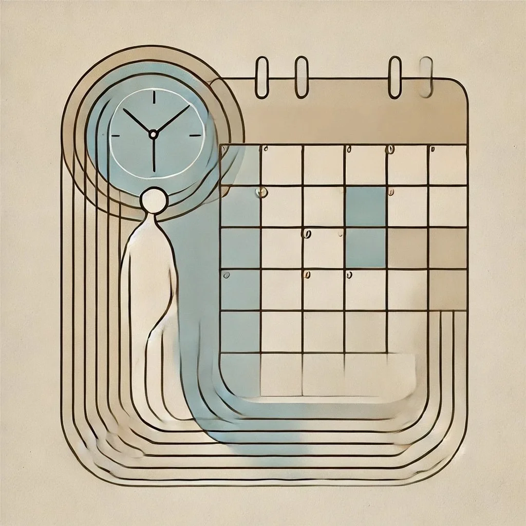 Abstract illustration of a clock and calendar with a stylized figure. The design features muted tones and integrates curves with a grid layout, symbolizing time management and scheduling.