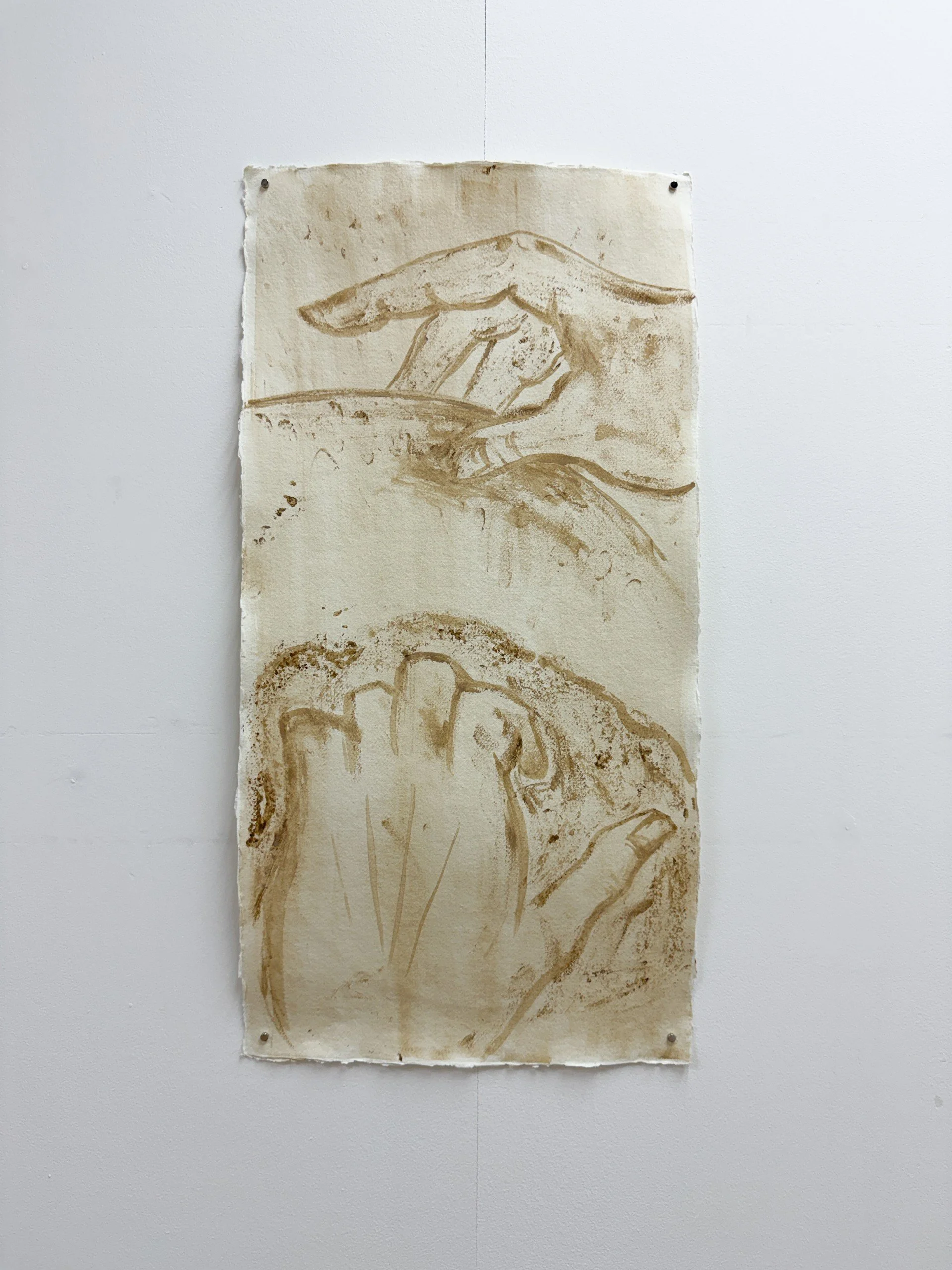 Hands manipulating clay to make pottery. Painted straight on to the page (no pre-sketch) using watercolours handmade from locally occurring natural pigments. 
2025
Photograph courtesy of Caroline Beale-Johnson