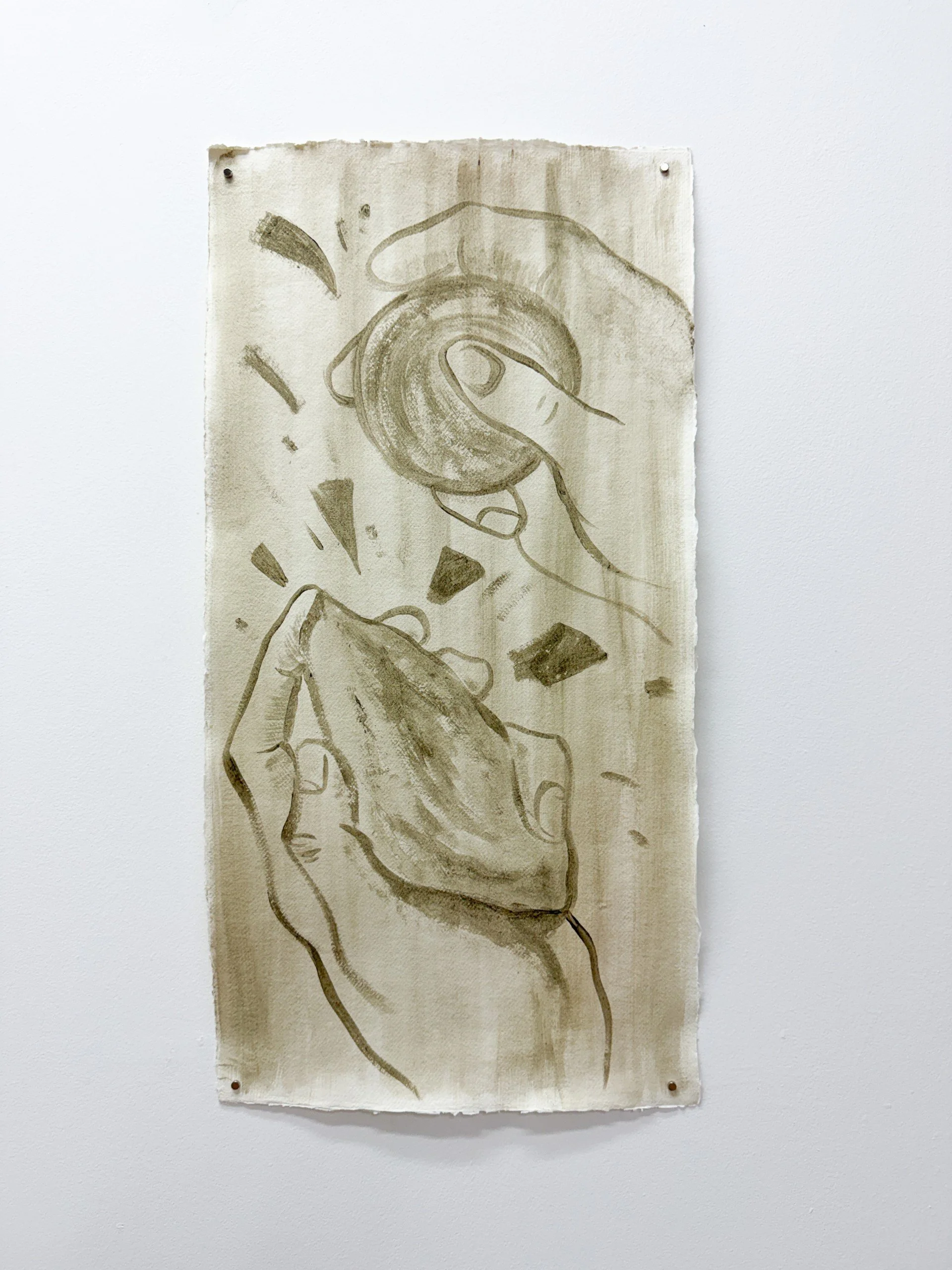 Hands flint knapping to make tools. Painted straight on to the page (no pre-sketch) using watercolours handmade from locally occurring natural pigments. 
2025
Photograph courtesy of Caroline Beale-Johnson