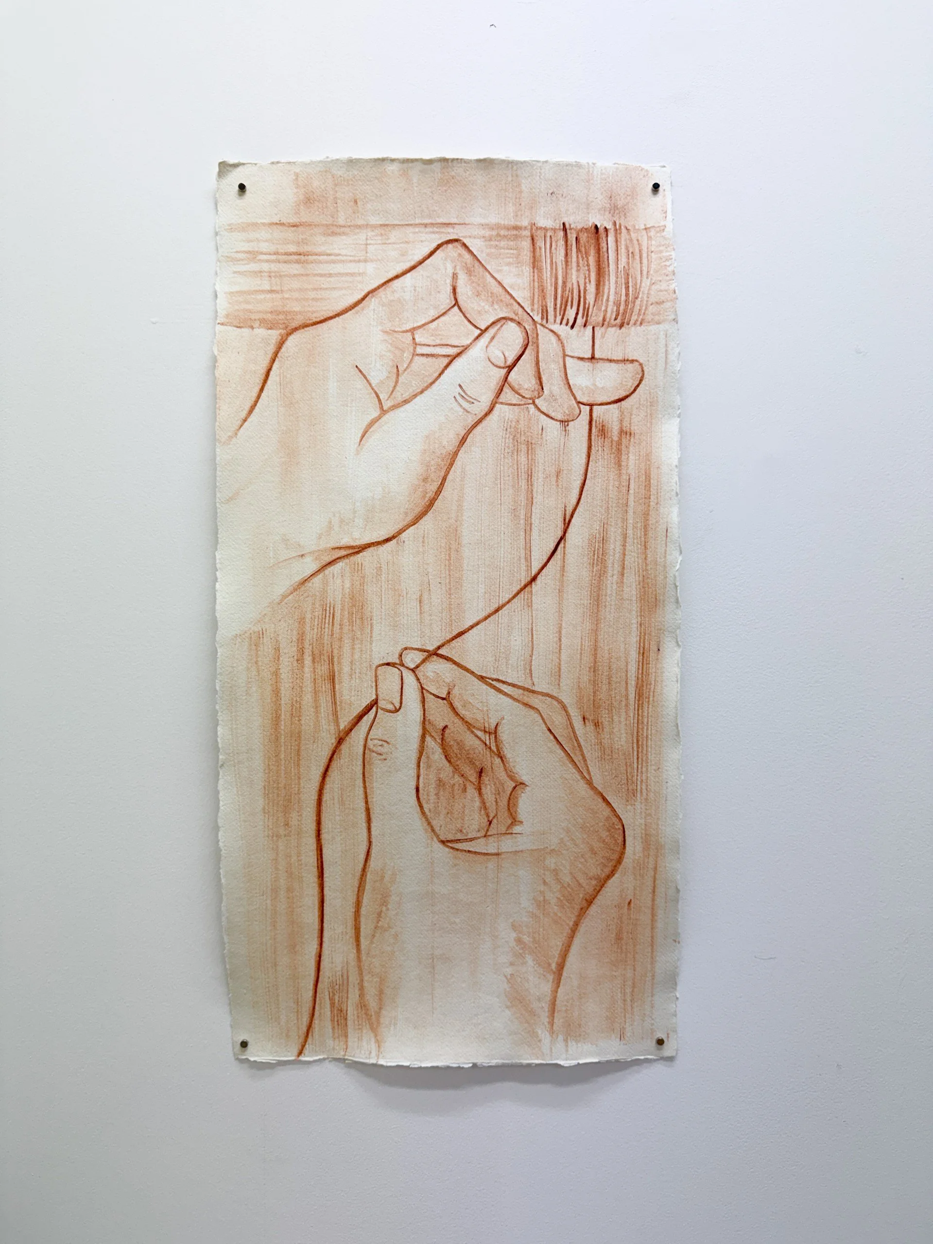Hands using a weaving loom. Painted straight on to the page (no pre-sketch) using watercolours handmade from locally occurring natural pigments. 
2025
Photograph courtesy of Caroline Beale-Johnson