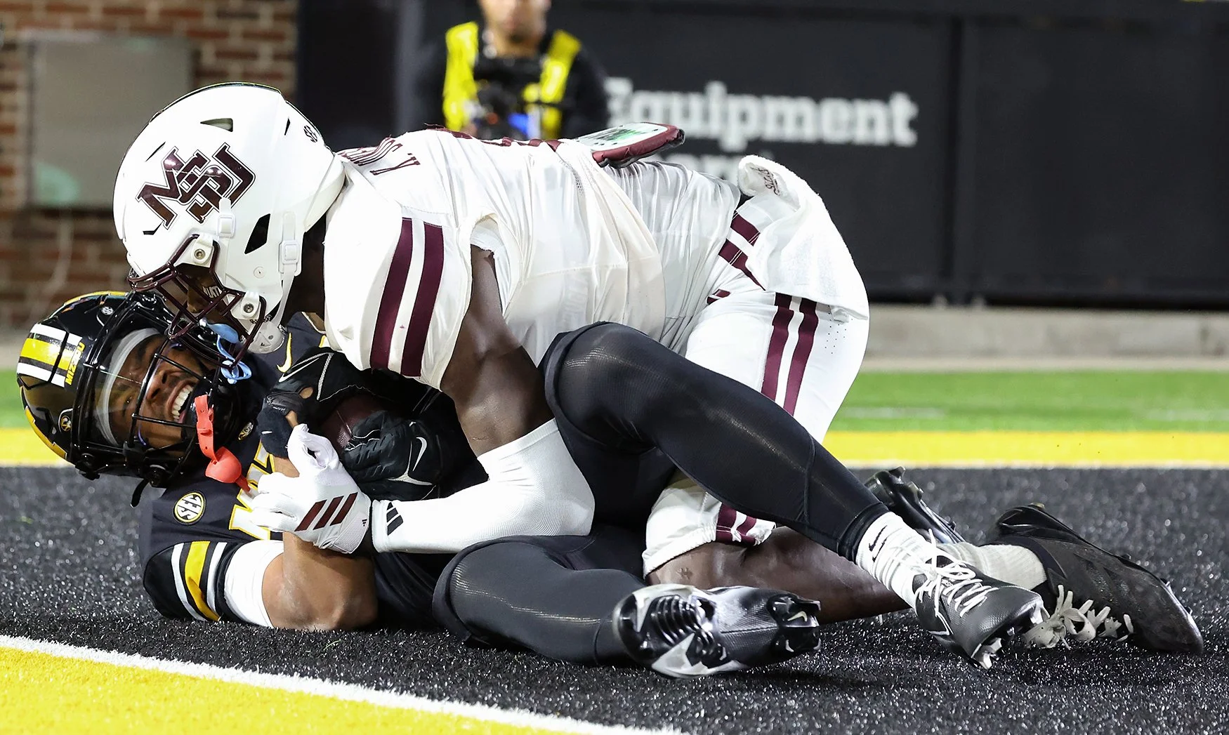 Mizzou wide receiver Donovan Olugbode (1) scores the first touchdown of the game Saturday at Memorial Stadium in Columbia. Mizzou’s passing game was much more in sync against Mississippi State on Saturday than it was the week before in a loss to Texa