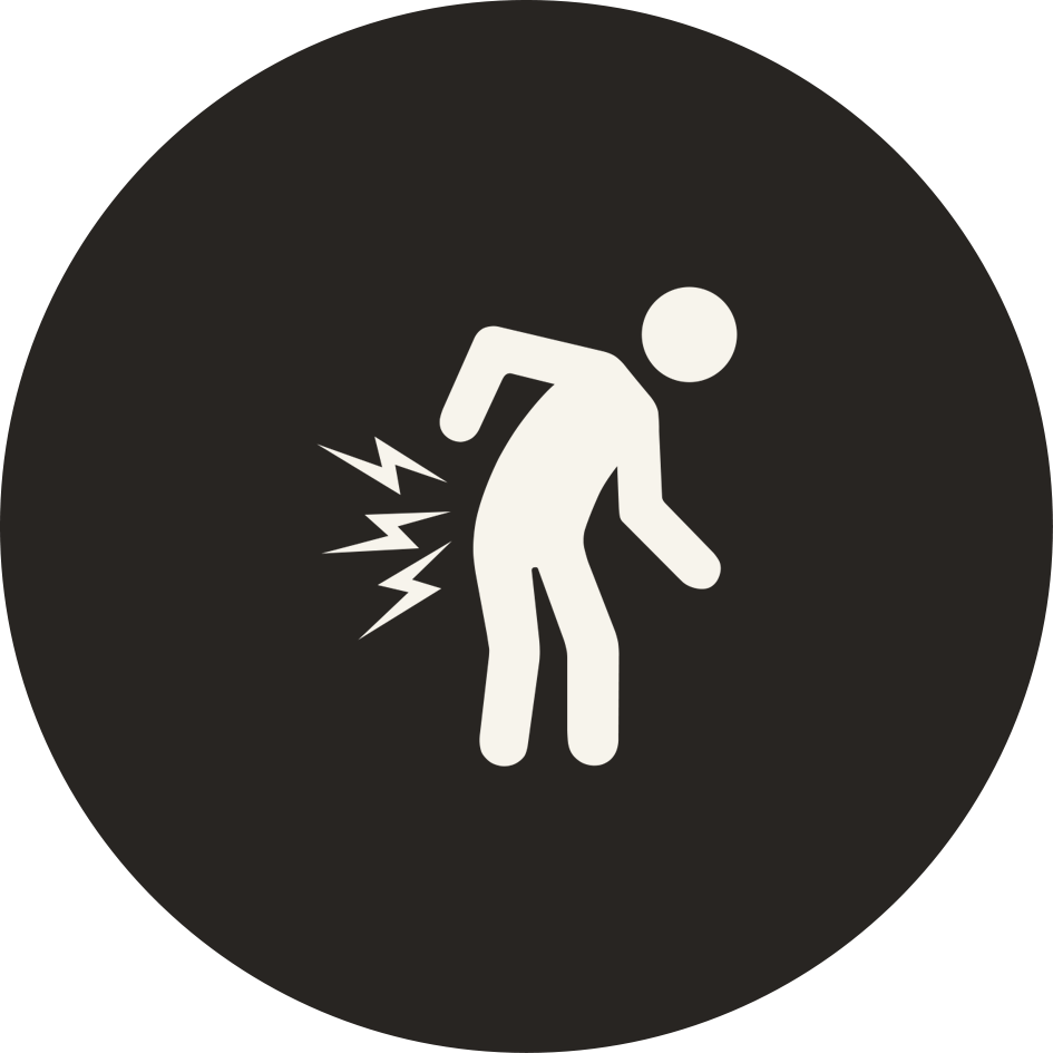 Graphic icon of a person bending over, clutching their lower back, with lines indicating pain and arthritis assistance. All offered 24/7 care support with daily living a trusted senior care home offering located in Puyallup, WA.