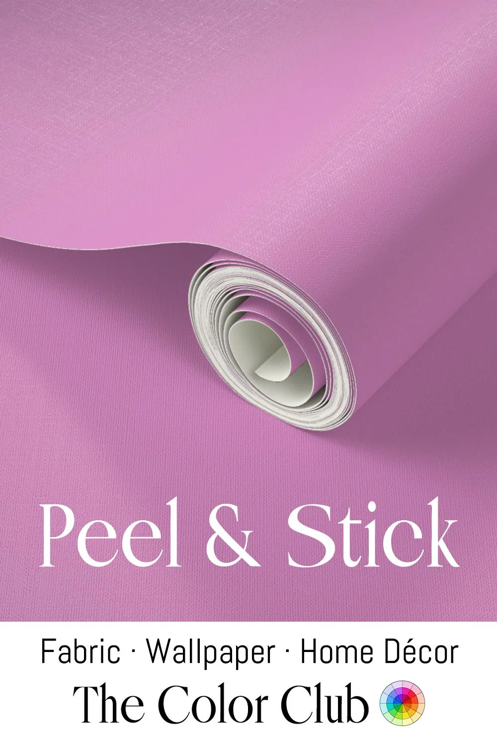 A roll of pink peel-and-stick wallpaper on a flat surface with a portion unrolled, showing the texture. Text on the image includes "Peel & Stick," "Fabric Wallpaper Home Décor," and "The Color Club" with a color wheel icon.