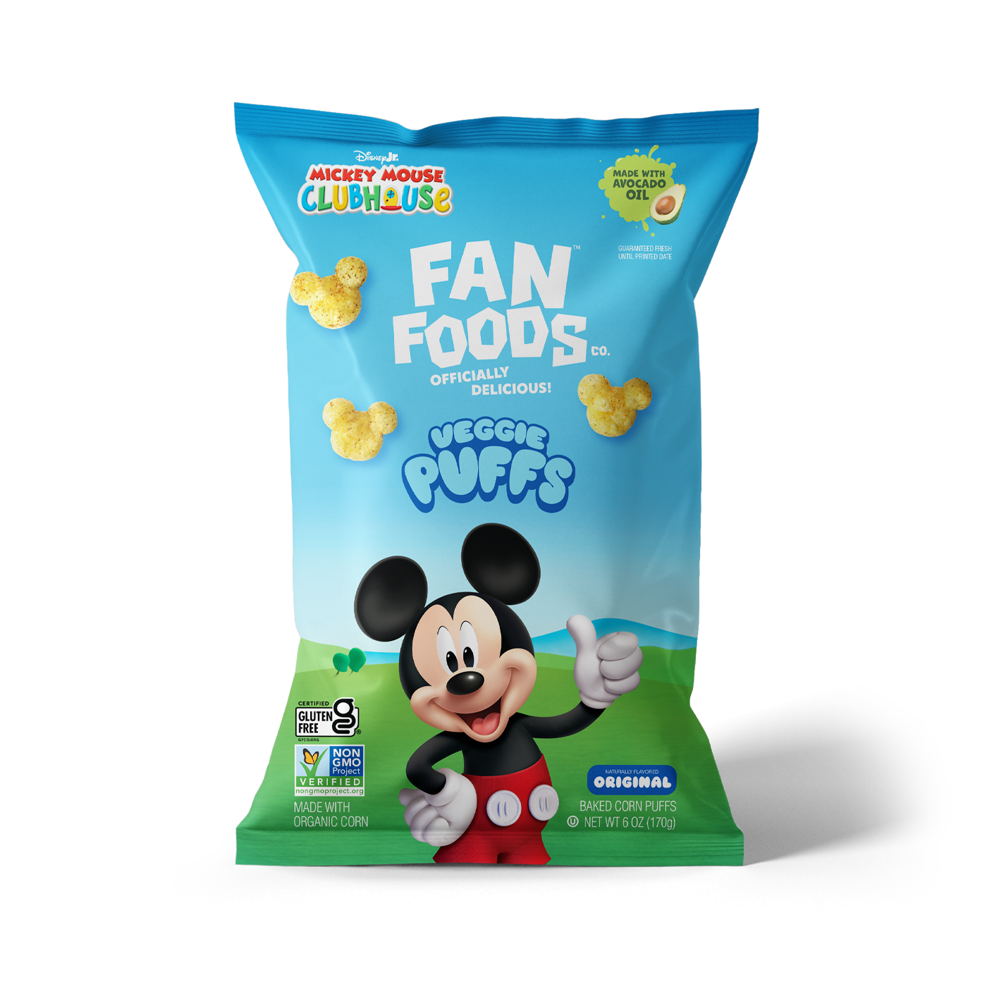 A bag of Mickey Mouse Clubhouse Veggie Puffs snack with Mickey Mouse character illustration, green landscape, blue sky, and text indicating baked corn puffs made with organic corn.