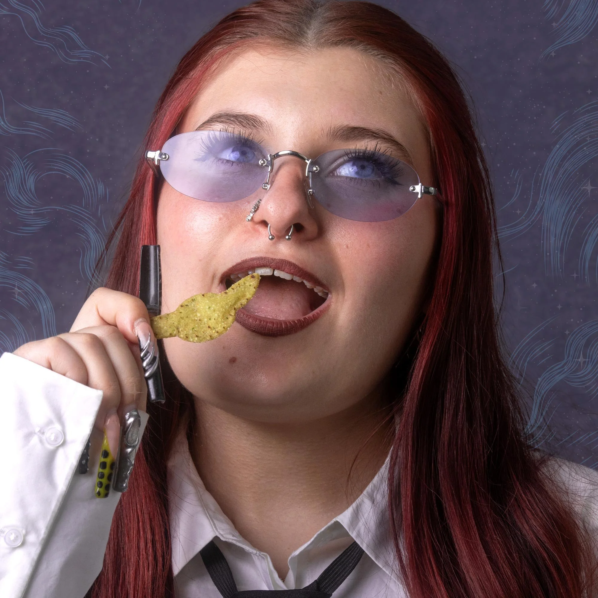 A woman with red hair wearing purple-tinted sunglasses, a white shirt, and a black tie, holding a taco. The background has a dark space theme with stars and swirling lines.