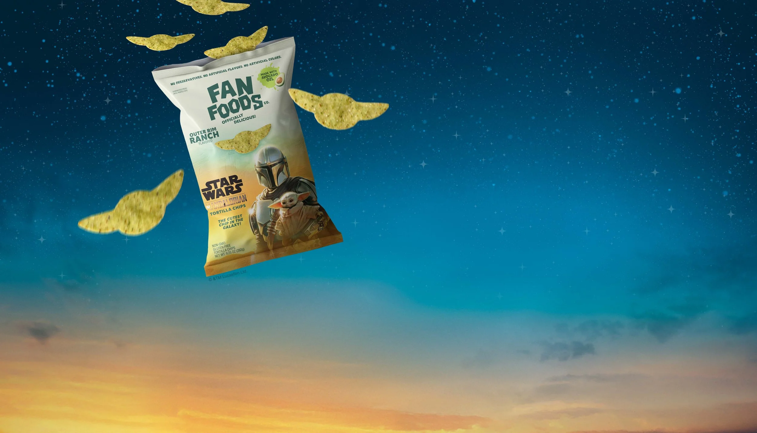 A bag of The Mandarlorian-themed tortilla chips floating in a starry night sky with a sunset horizon.
