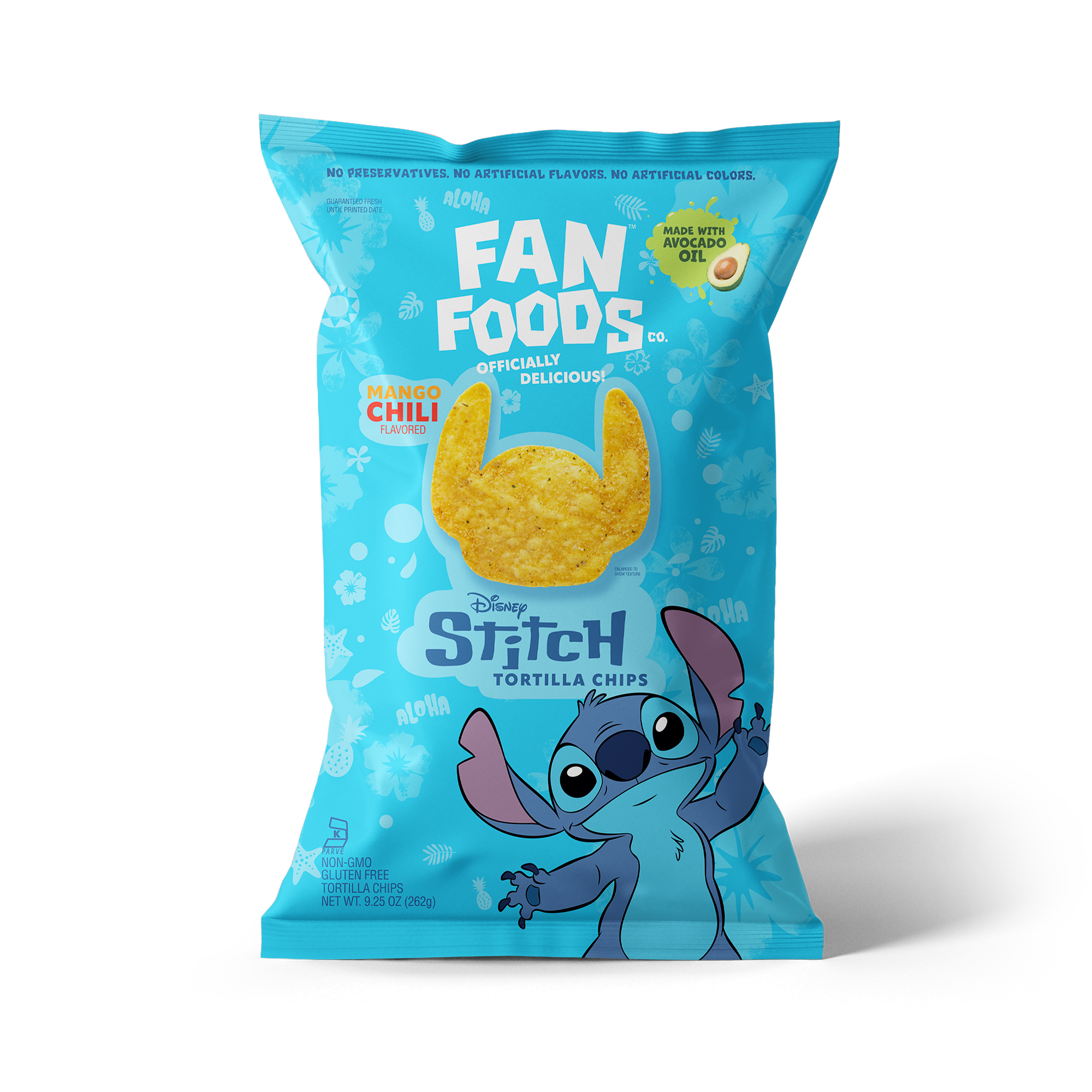 Blue bag of Disney Stitch tortilla chips with a picture of Stitch from Lilo & Stitch on the front, highlighting mango chili flavor with avocado oil.