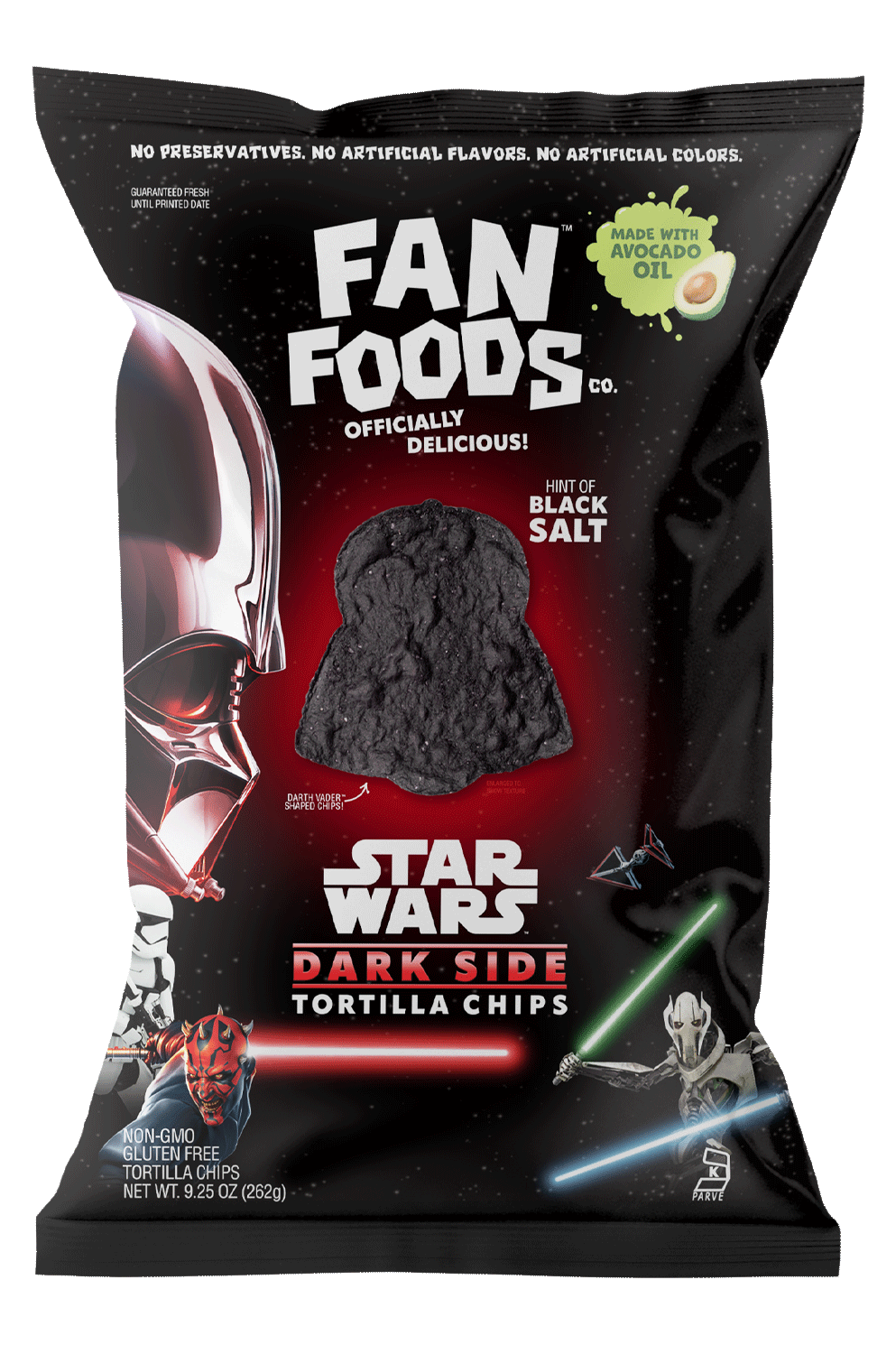 Star Wars Dark Side tortilla chips package with Darth Vader and other Star Wars characters in a space background, highlighting black salt flavor and avocado oil ingredients.