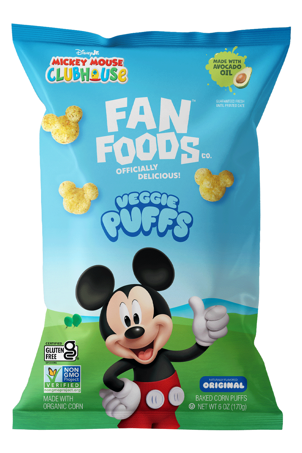 A bag of Mickey Mouse Clubhouse Veggie Puffs, baked corn snacks flavored as original, made with avocado oil and organic corn, featuring Mickey Mouse on the front.