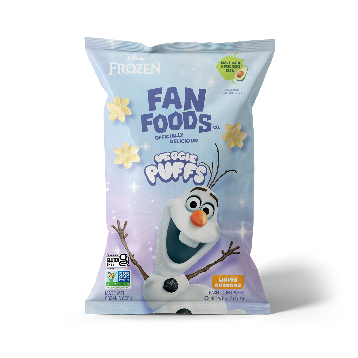 A bag of Disney Frozen Fan Foods Veggie Puffs with Olaf illustration, labeled as made with avocado oil, gluten free, non-GMO verified, and organic corn, with a net weight of 6 ounces.