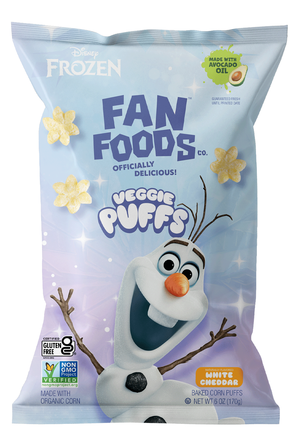 Package of Disney Frozen Fan Foods Veggie Puffs, a snack made with organic corn and avocado oil, featuring Olaf from Frozen on the front.