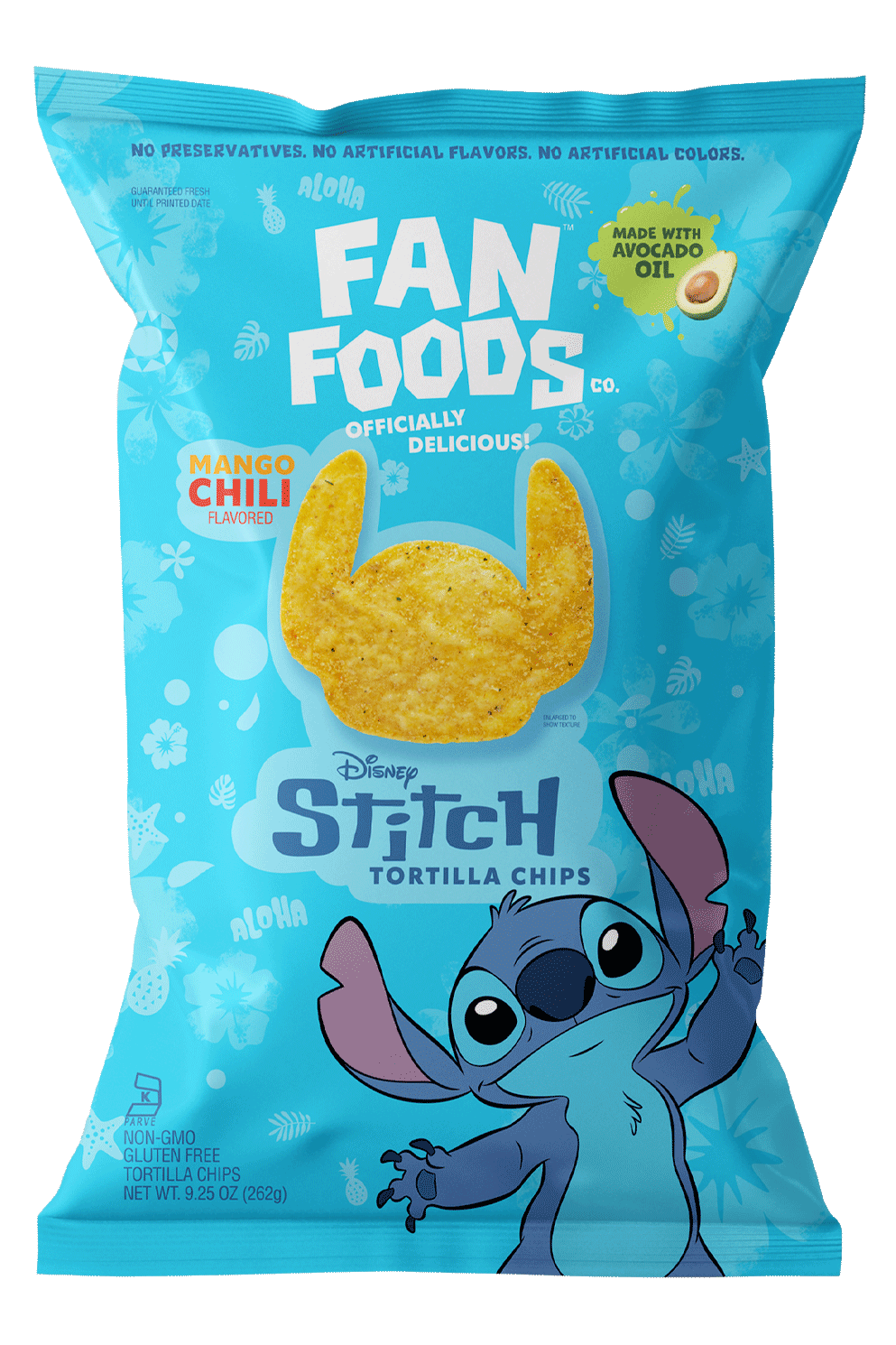 A bag of Disney Stitch themed tortilla chips flavored with mango chili. The packaging is blue with a cartoon image of Stitch from Disney, and features chip-shaped graphics and tropical motifs.