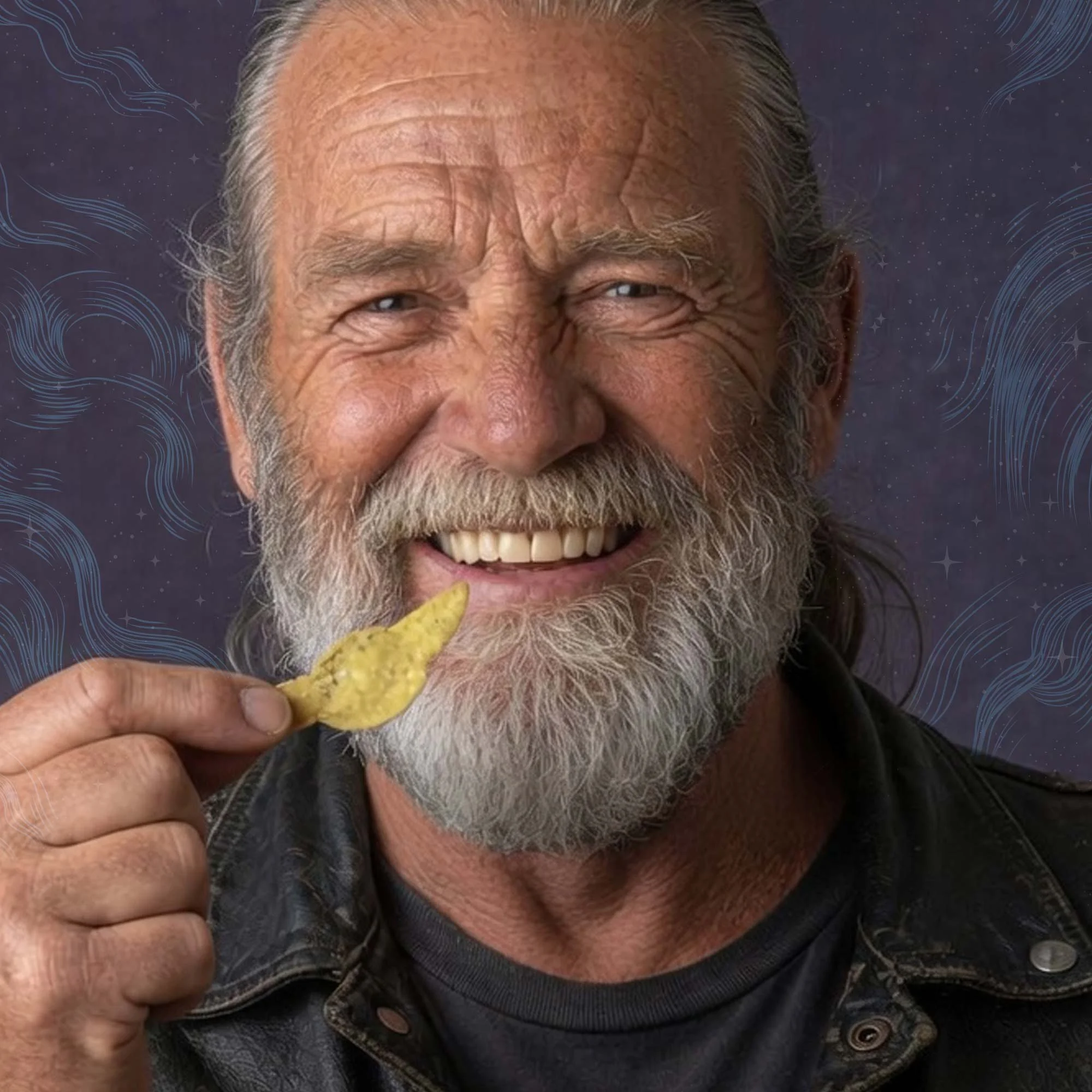 Close-up of an elderly man with gray hair and a beard, smiling and holding a yellow potato chip in his hand, against a dark background with light blue swirls.