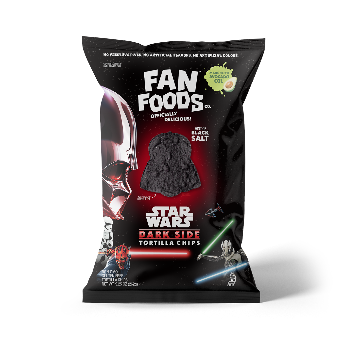 Star Wars themed black bag of Fan Foods dark side tortilla chips with Darth Vader and a Sith character, featuring a black salt flavor.