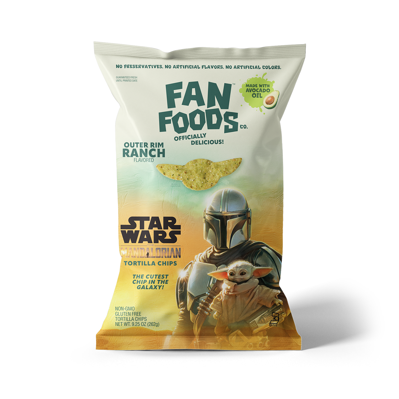 Star Wars themed tortilla chips bag featuring Grogu and the Mandalorian, with a chip that resembles Baby Yoda's head.
