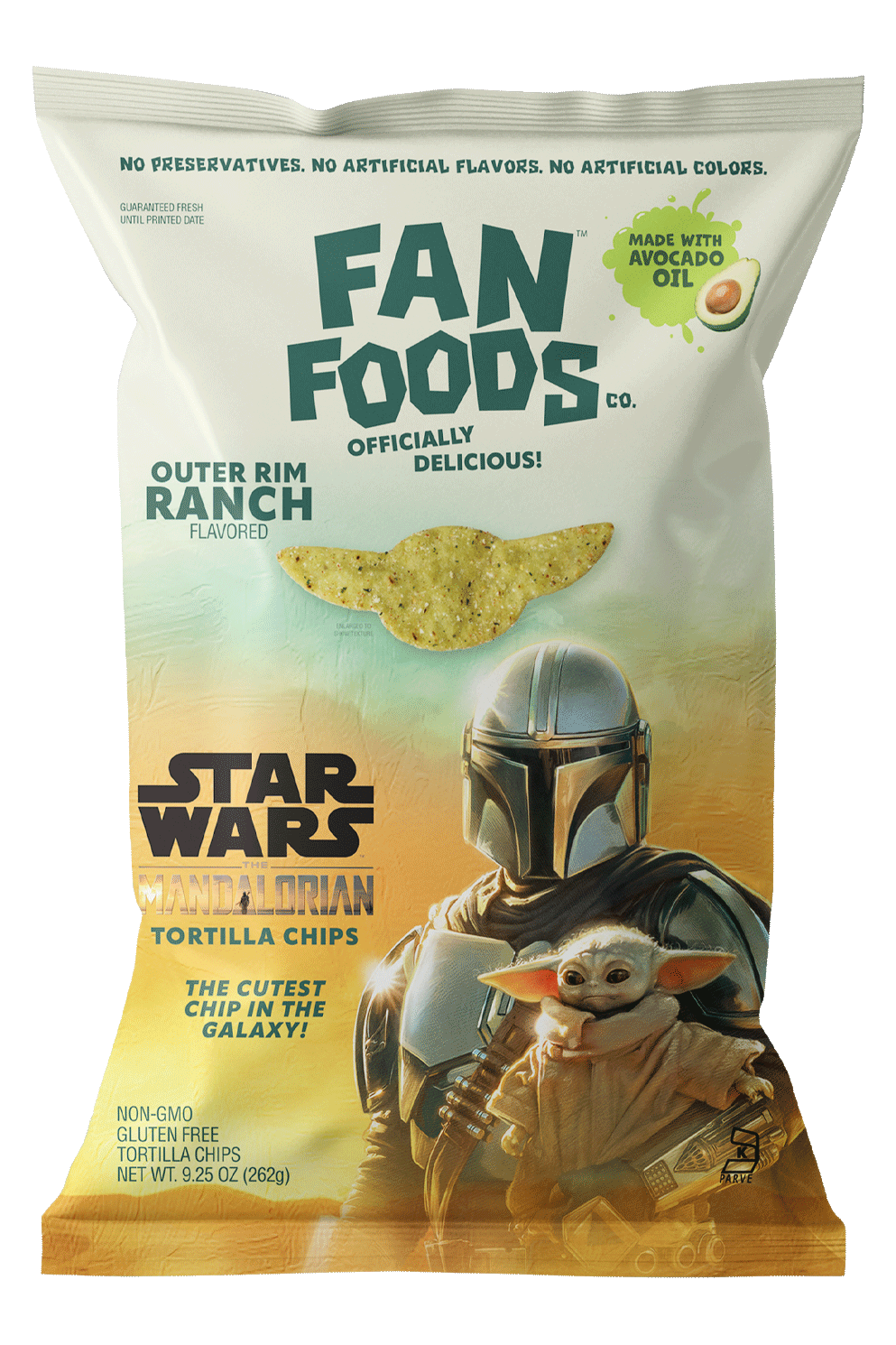 Packaging of Star Wars The Mandalorian Tortilla Chips featuring a Mandalorian character and Baby Yoda with text about the product including flavor, ingredients, and branding.