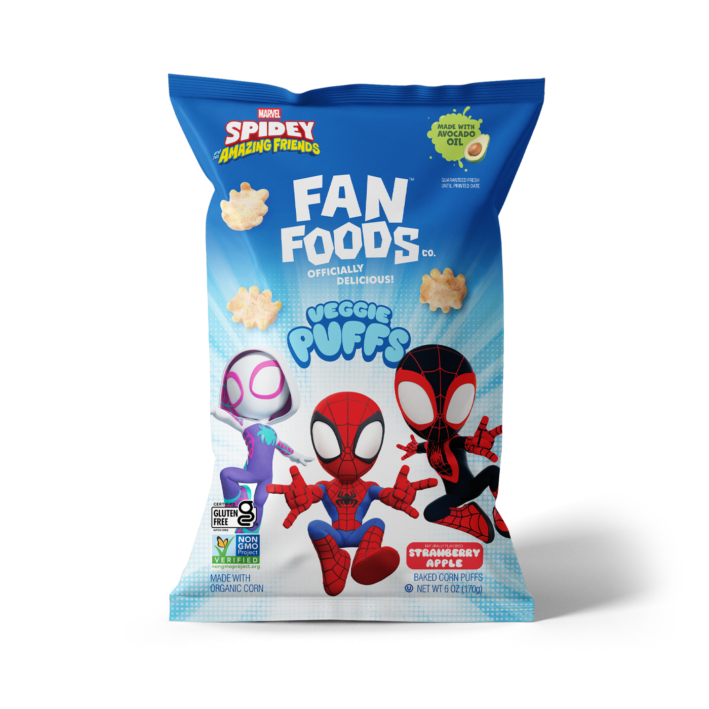 Packaging for Spidey and his Amazing Friends Brain Foods Veggie Puffs, featuring Spider-Man, Spider-Gwen, and Spidey with comic-style backgrounds. The package indicates organic corn, gluten-free, non-GMO, and made with avocado oil, with a strawberry and apple flavor.