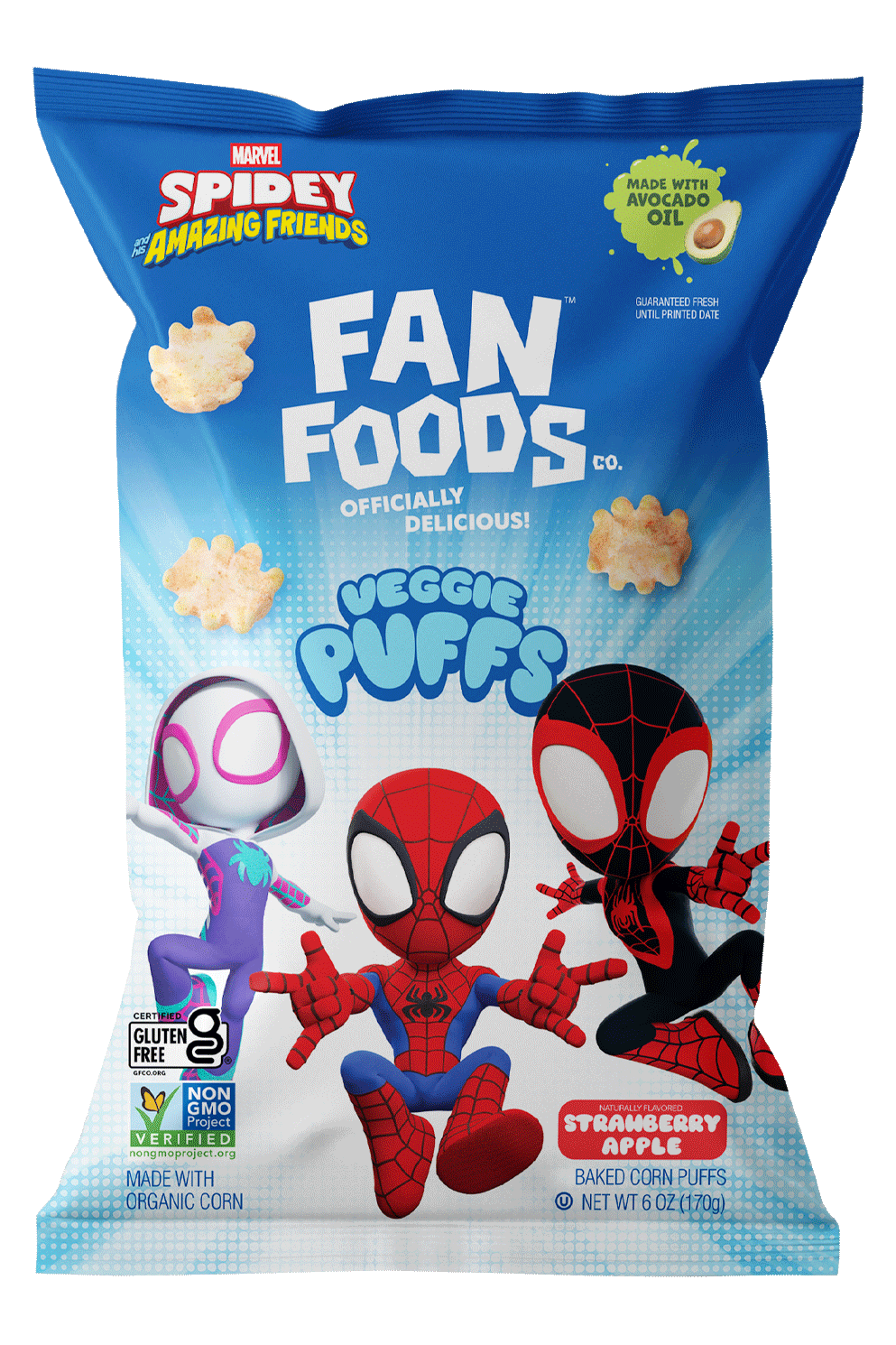 Bag of Spidey Amazing Friends Veggie Puffs with Spider-Man, Miles Morales, and Gwen Stacy cartoon characters on the front, strawberry apple flavor, gluten-free, non-GMO, made with organic corn.