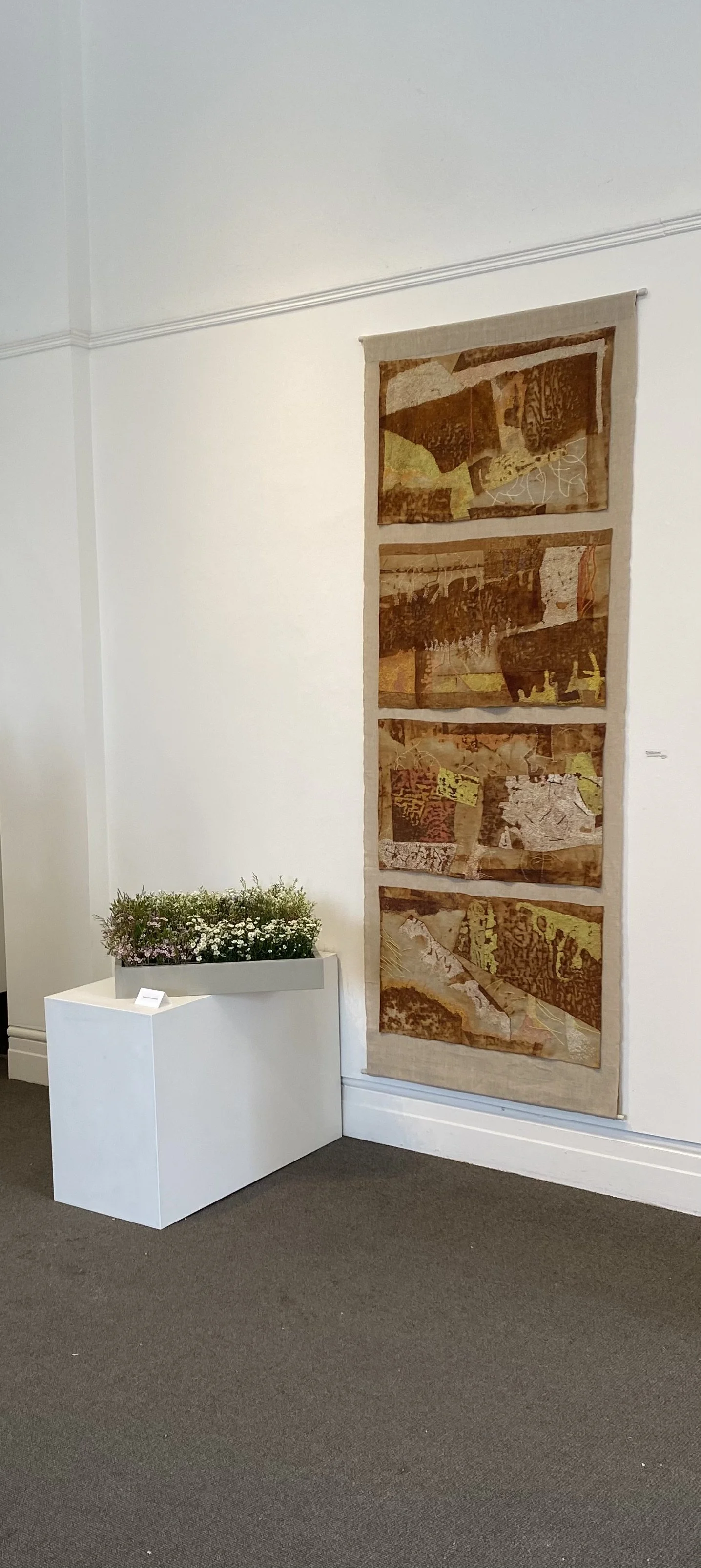 "And the seeds like in wait……." 2017  
Hand woven linen, rust dyeing, linen and wool  yarn.  Hand embroidered. 