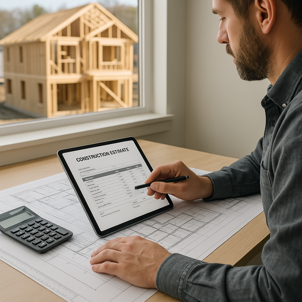 Man working at a desk reviewing a construction estimate on a tablet, with architectural blueprints and a calculator on the desk, and a framed house outside the window.