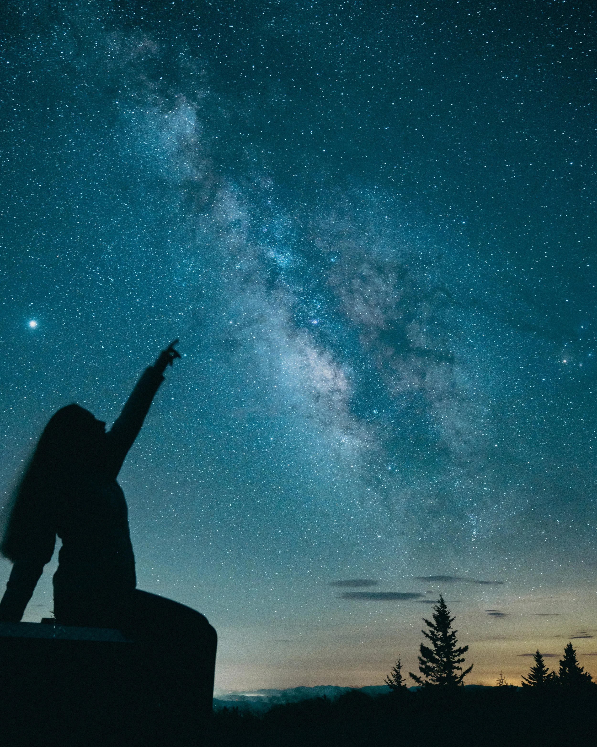 Silhouette of a person pointing at the starry night sky with the Milky Way galaxy visible, surrounded by trees and mountains.