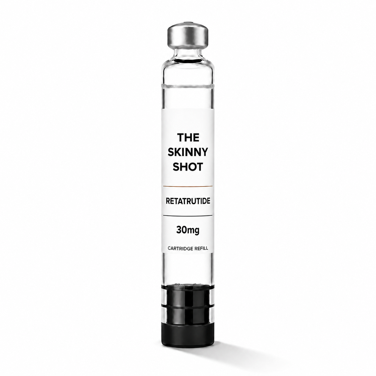 Retatrutide 30mg cartridge refill containing clear liquid on a white background.