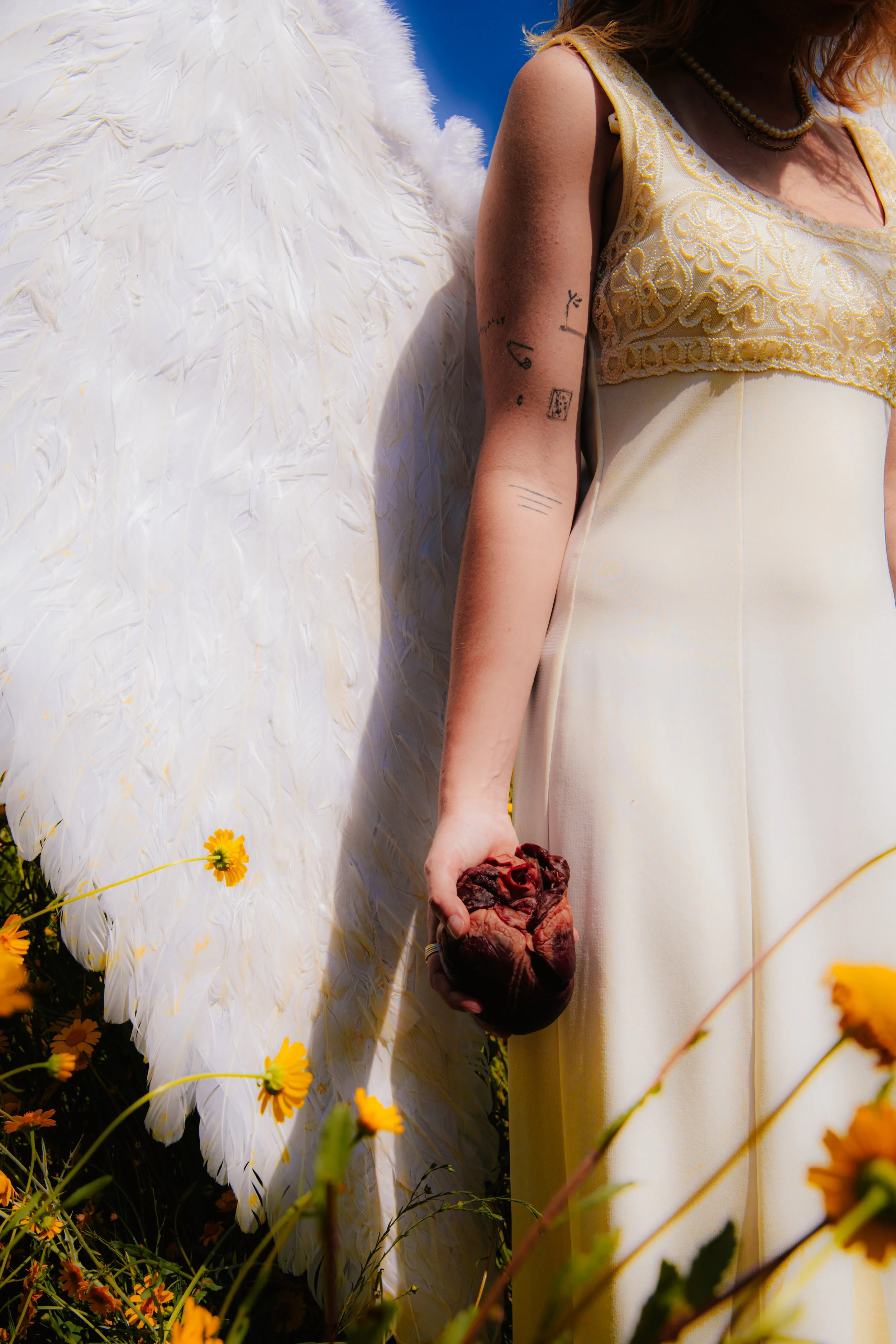 Pessoa vestida com traje dourado, com asas brancas de penas, segurando um coração de carne e uma rosa, com flores amarelas ao redor.
