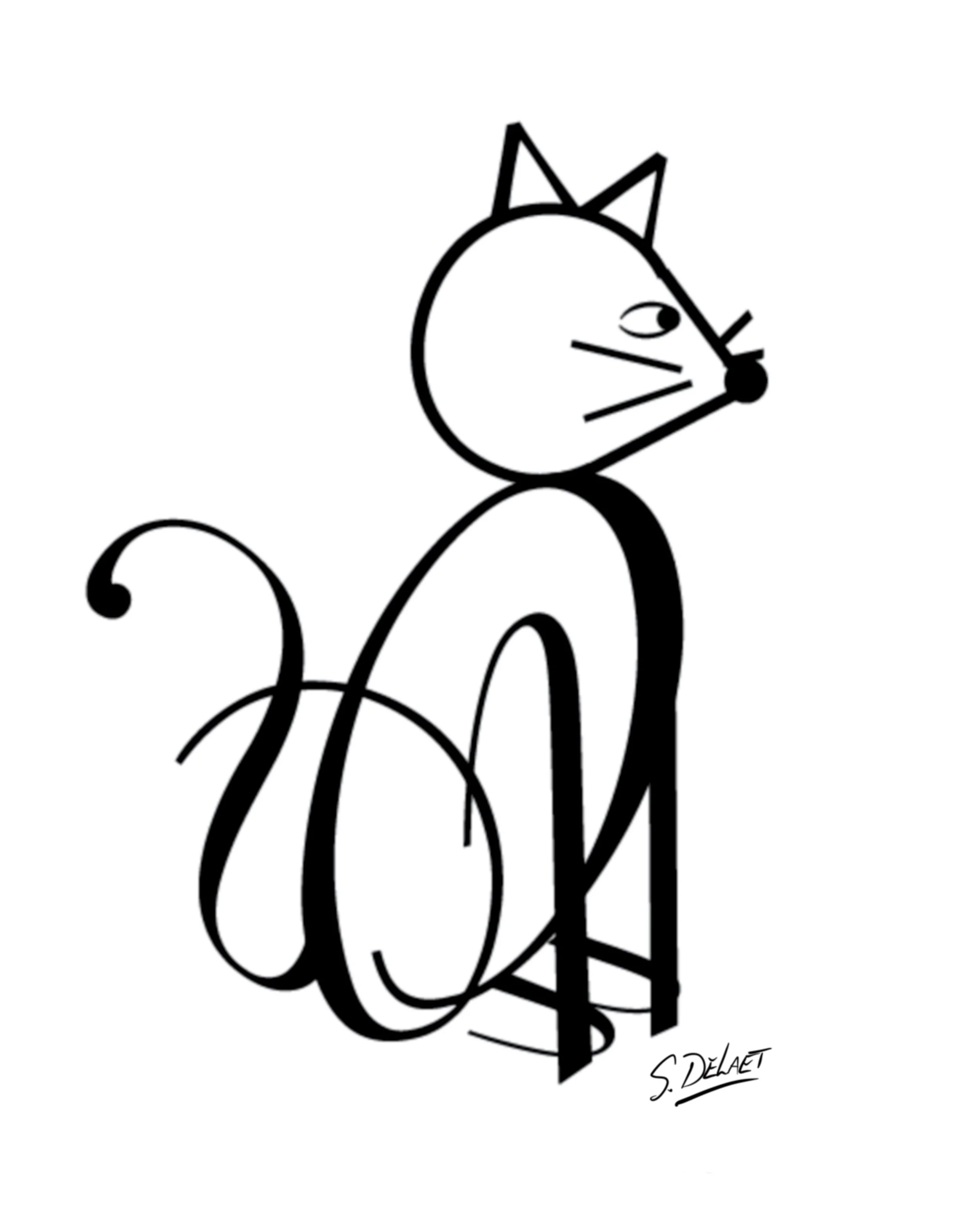 A black and white abstract drawing of a cat with a curled tail, pointy ears, and a side profile of its face, signed by S. Delaet.