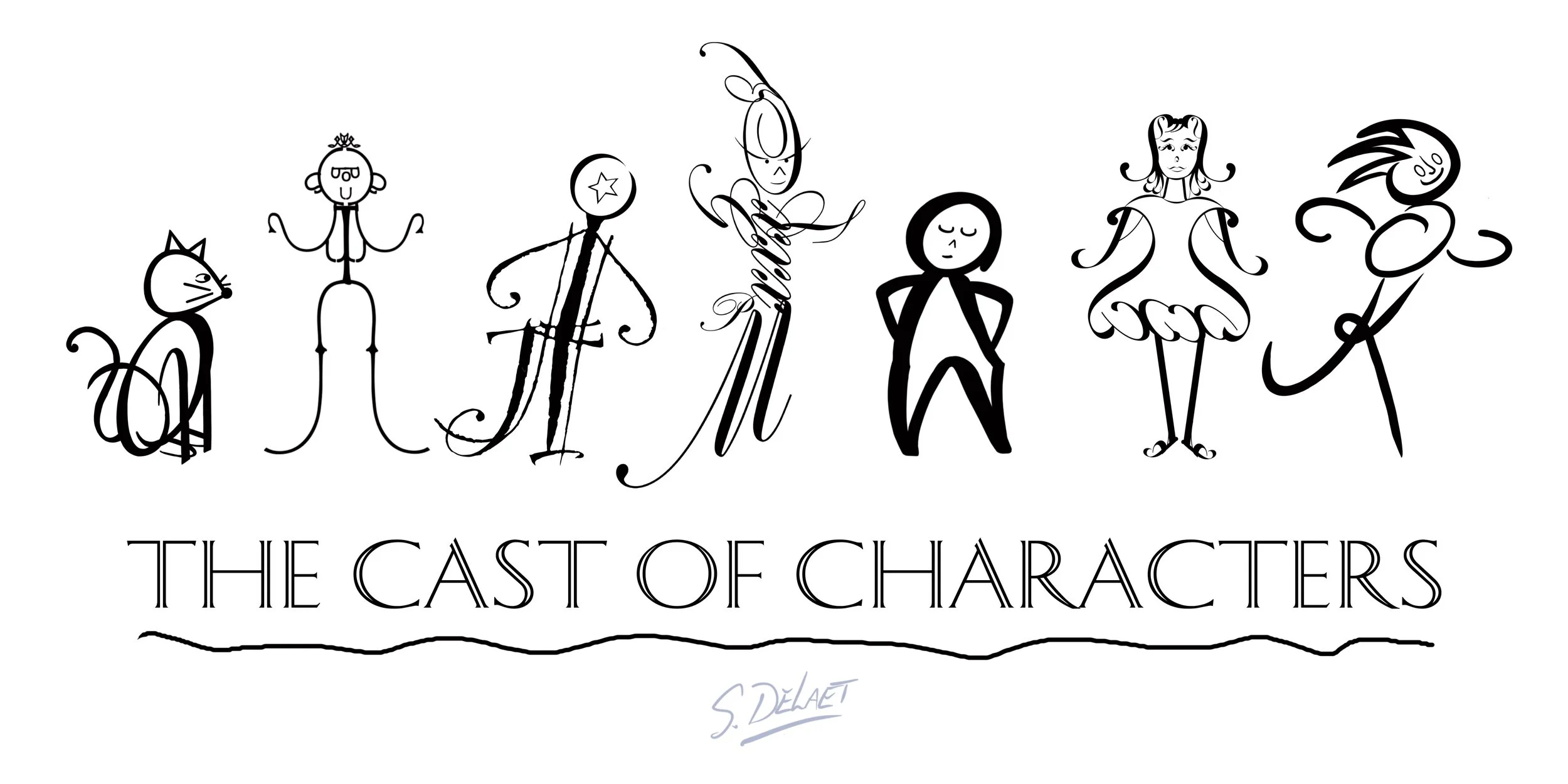A black and white artistic illustration of various stylized characters from the musical 'The Sound of Music,' including a cat, a girl with glasses, a tall figure, a dancer, a young girl, a woman, and a person with curly hair, with the title 'The Cast of Characters' written below.