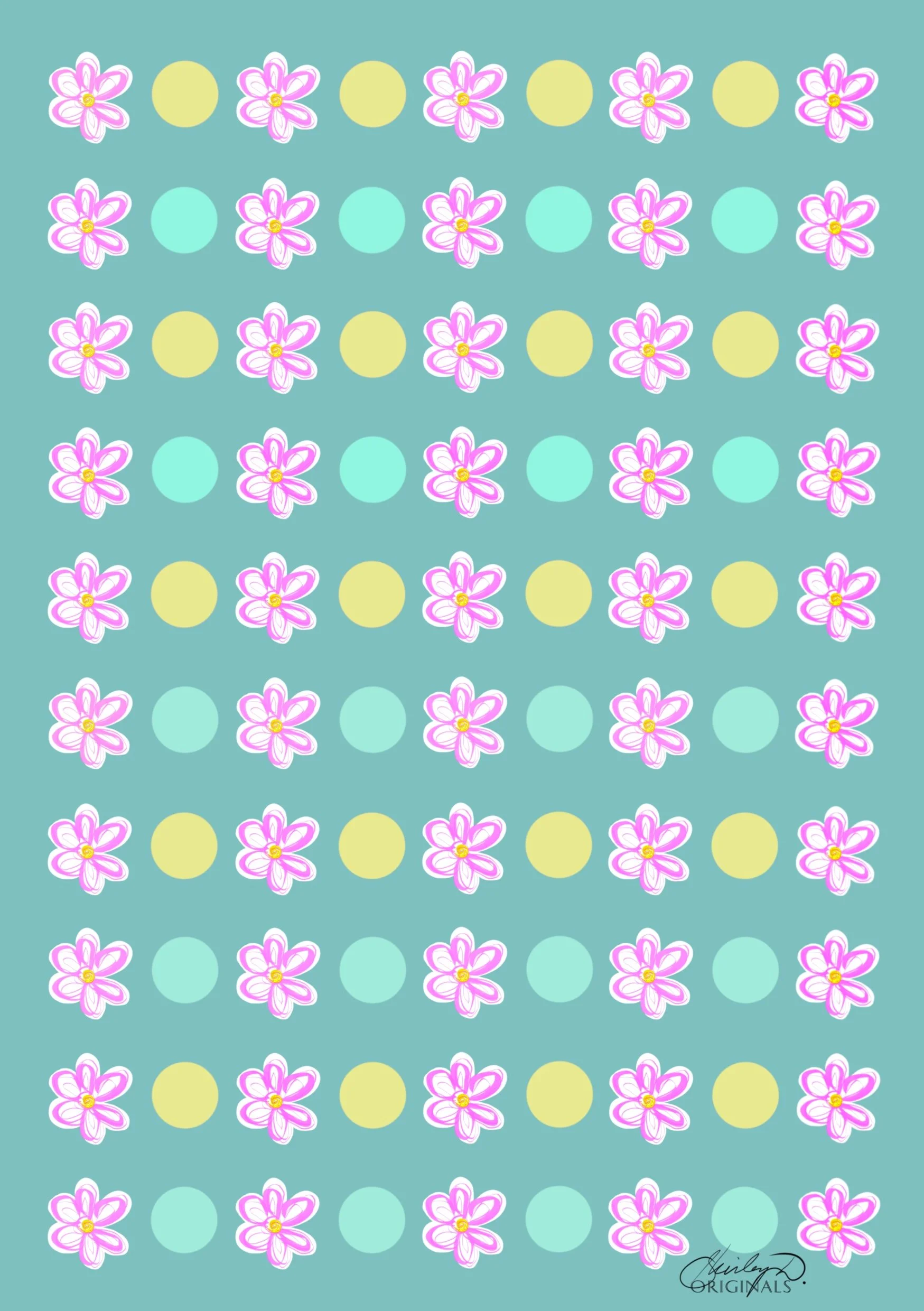A colorful pattern of pink, white, and yellow flowers, yellow and teal circles, and blue circles on a teal background.
