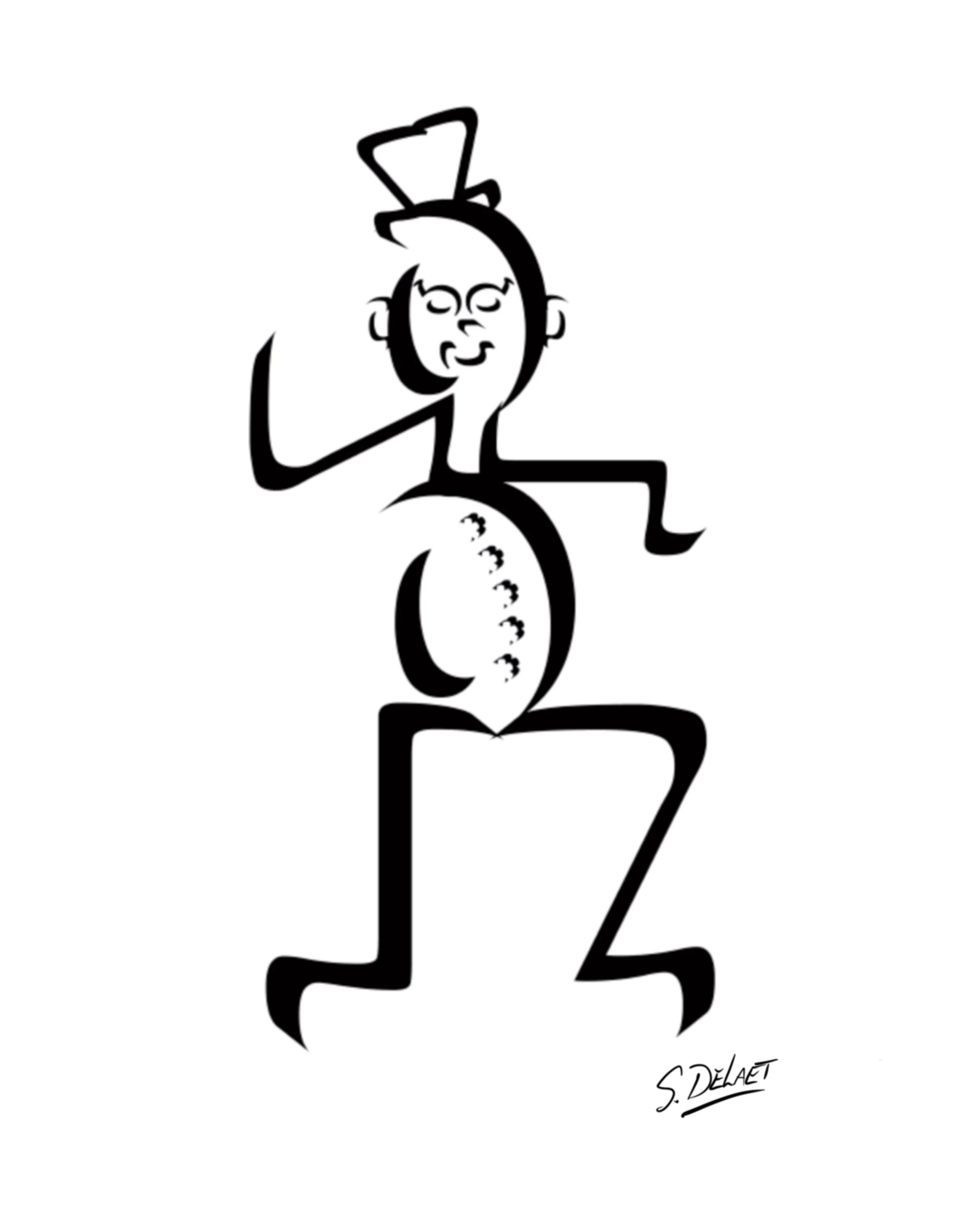 A black and white abstract line drawing of a person with a top hat, smiling with a propeller hat, and a curved body with playful limbs. The signature 'S. DELAET' is at the bottom right corner.