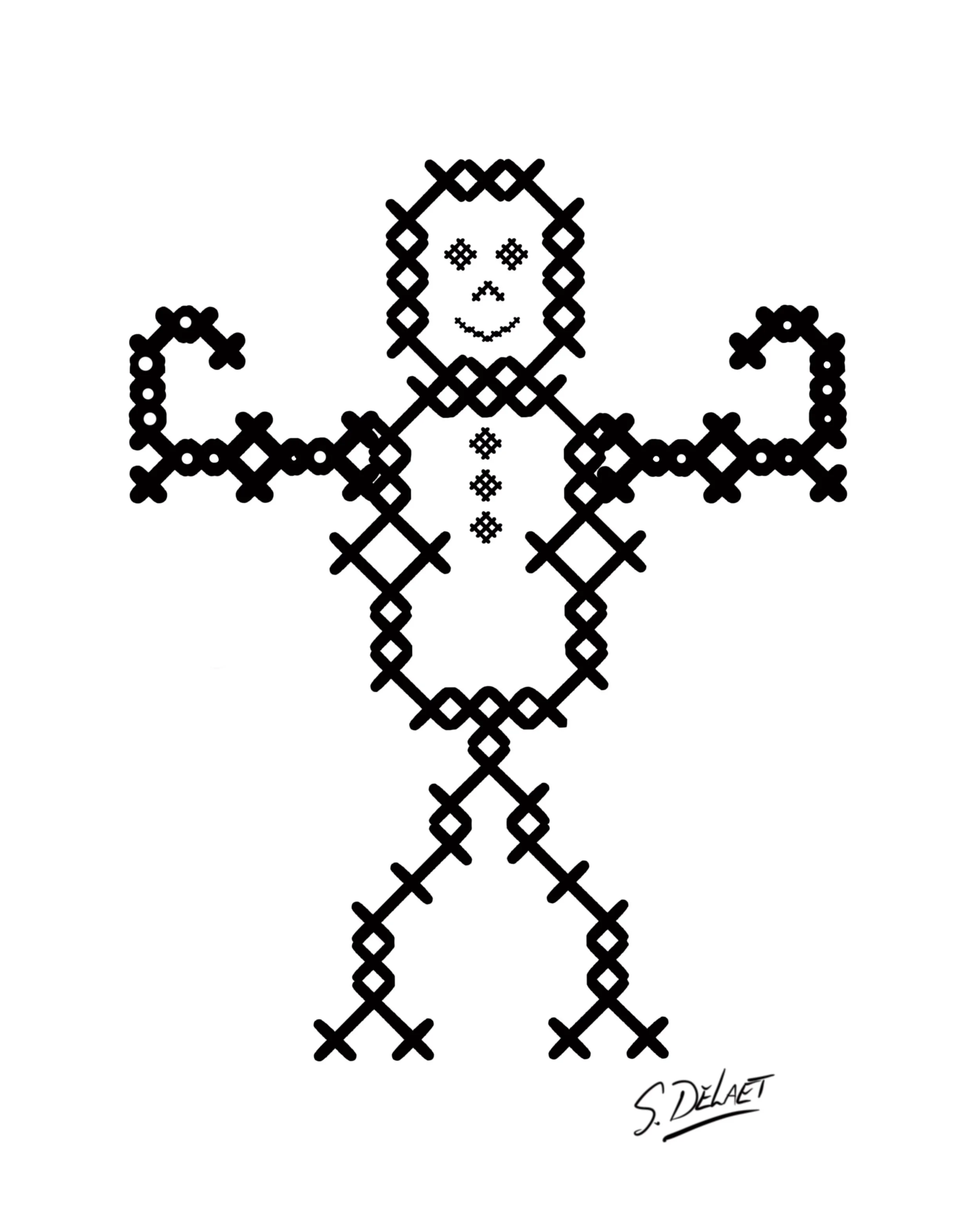 Line art cross made of diamond-shaped beads with a smiling face on the head, signed by S. DELAET.