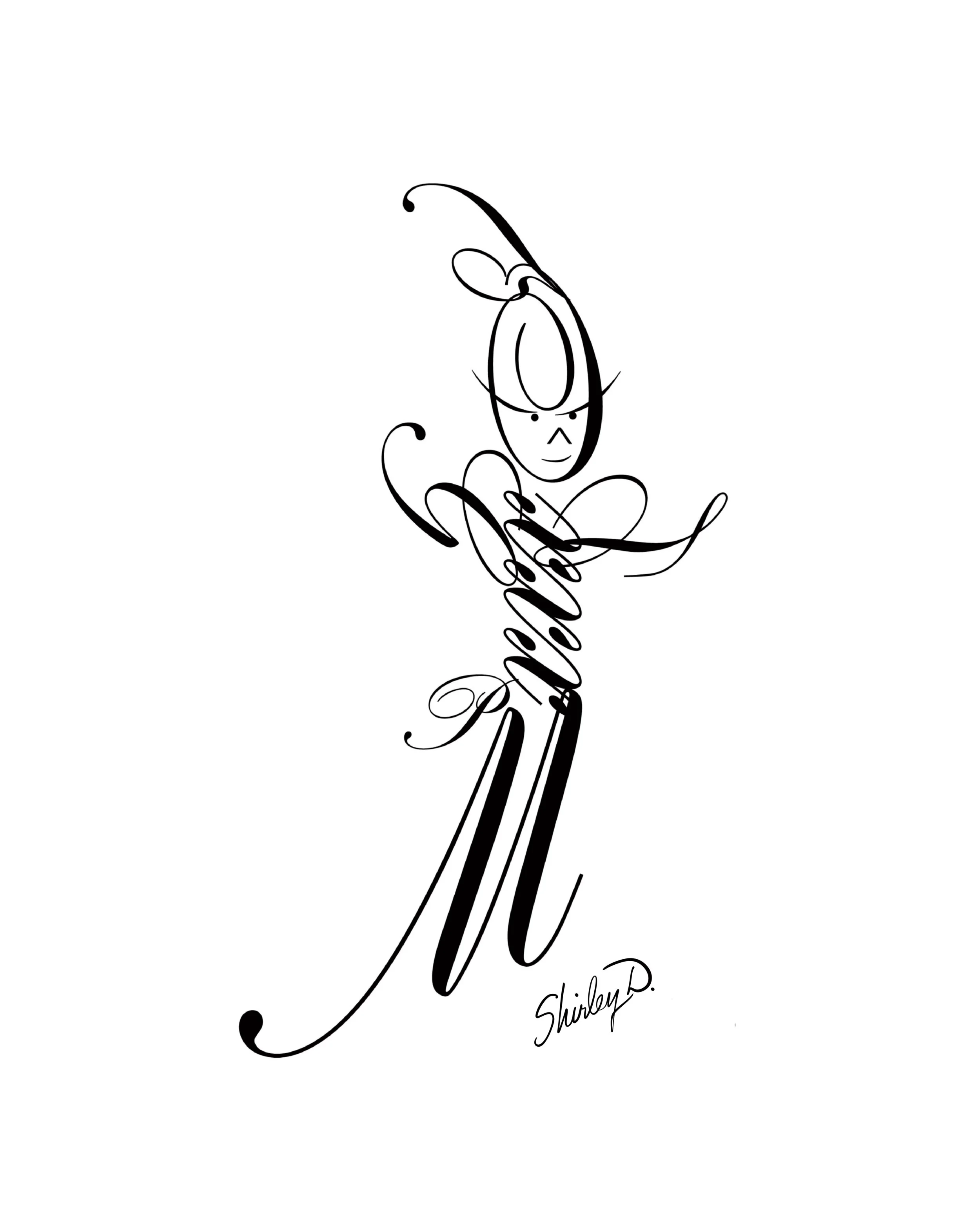 A black and white line drawing of a stylized, muscular woman with an intense expression. The drawing incorporates cursive text that reads "Fierce" and is signed by Shirley P.