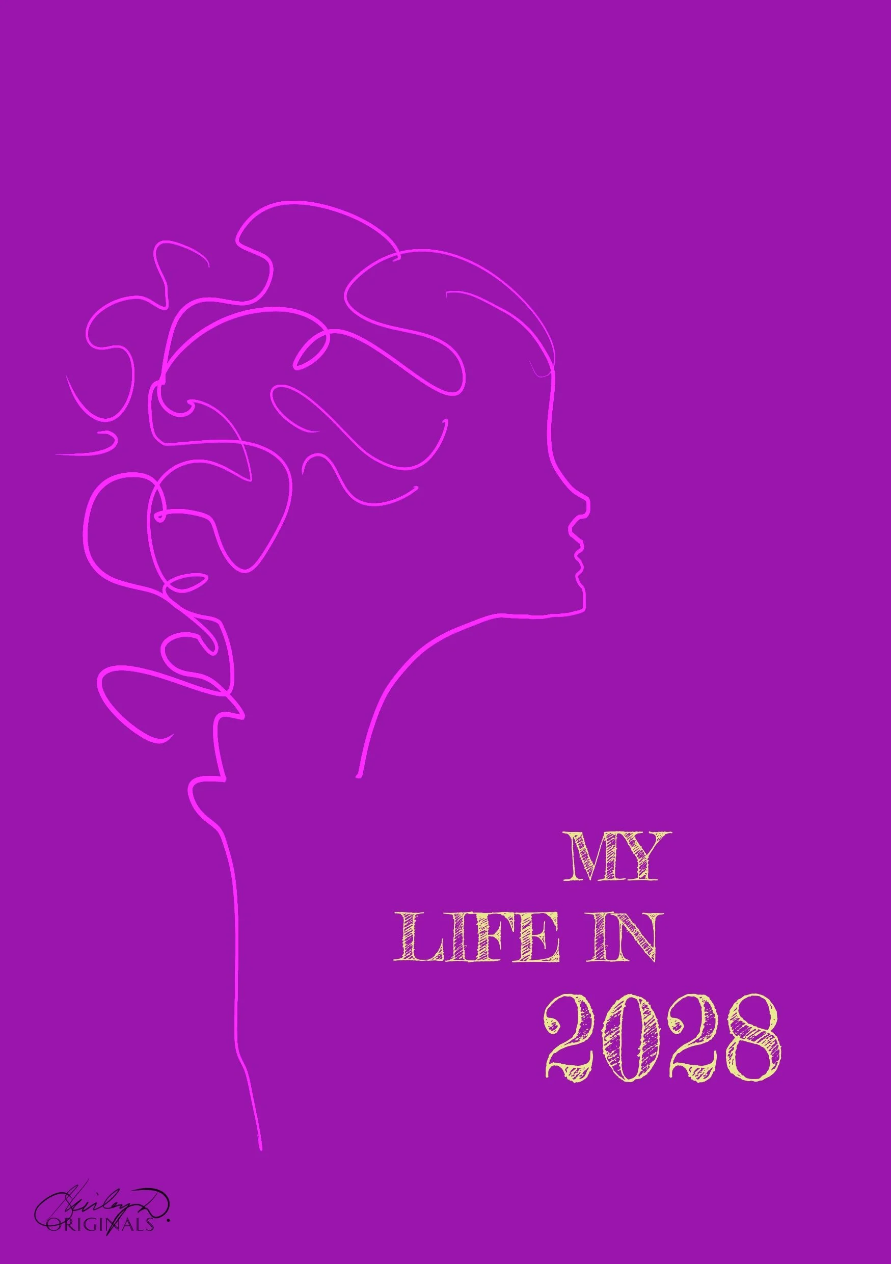 A neon pink outline of a woman's face and hair on a purple background with the text "My Life in 2028" in beige, stylized font.