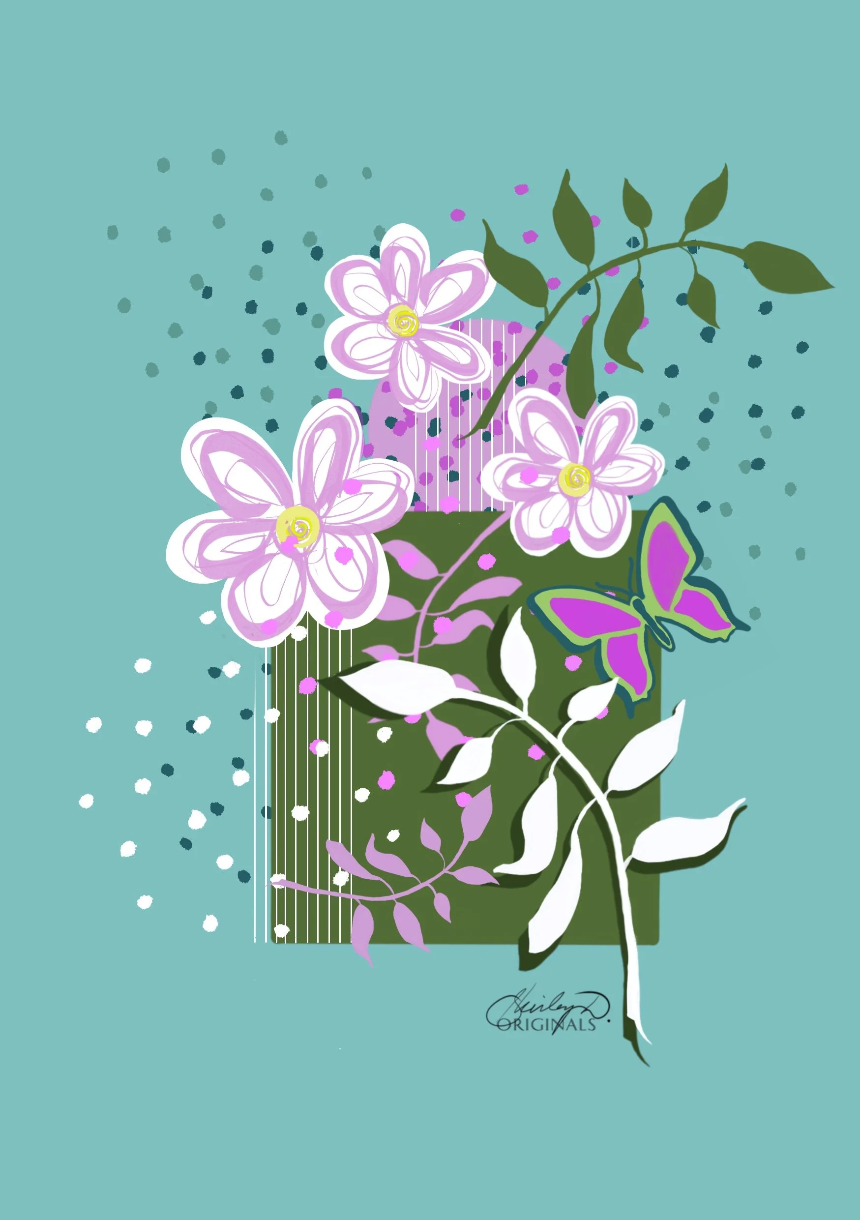 Digital artwork featuring pink and white flowers, a multicolored butterfly, and abstract geometric shapes on a teal background.