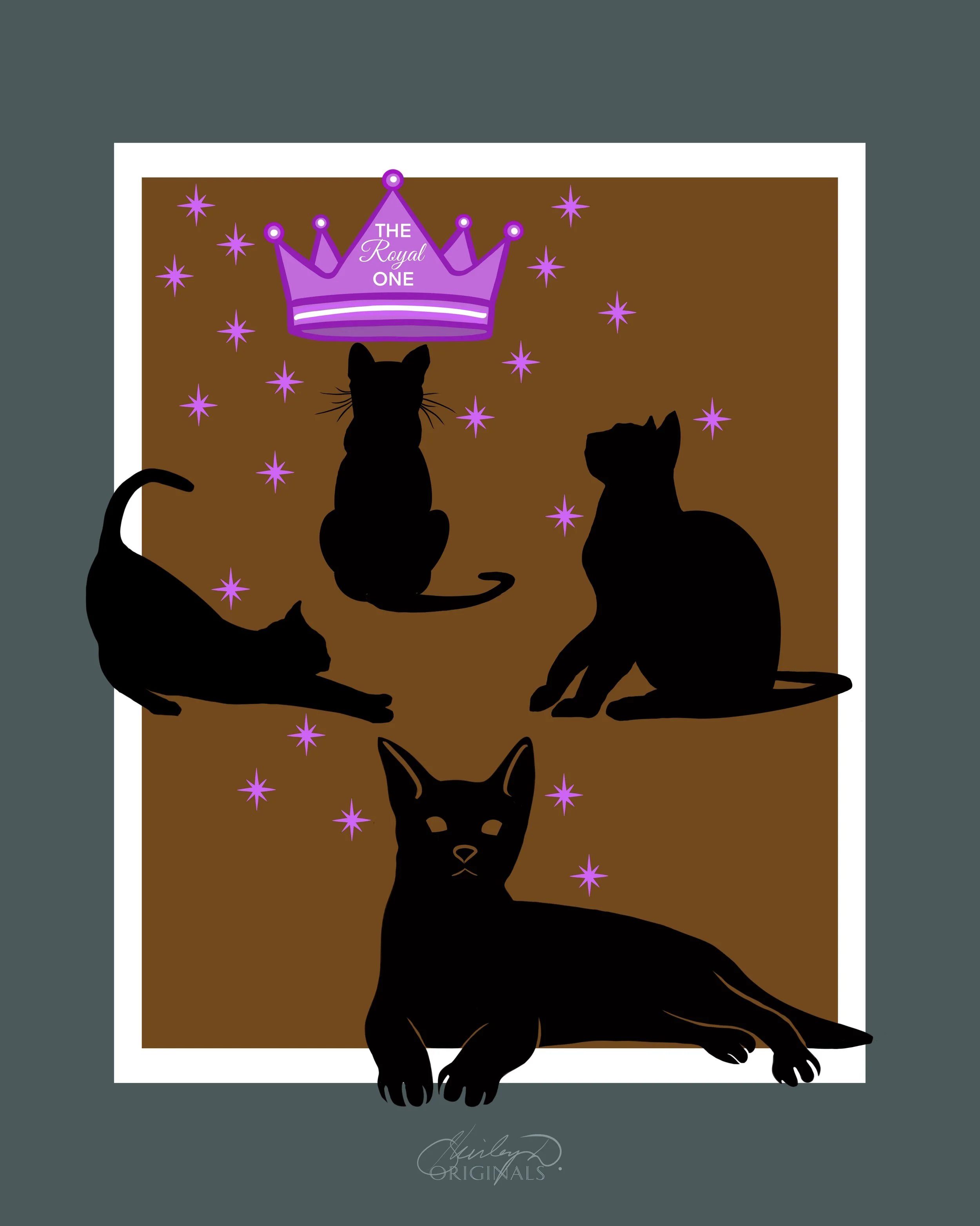 Silhouette illustrations of four black cats on a brown background, with purple stars and a purple crown labeled 'The Royal One' at the top. Adopt a Pet.